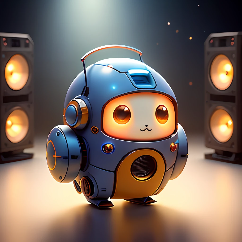 Very cute little robot, round and cute, loves music, on a glowing stage, very beautiful colors, super detailed, super realistic, natural lighting, octane rendering, art station trends, sharp focus, studio photos, intricate details, highly detailed, by Greg Rukowski