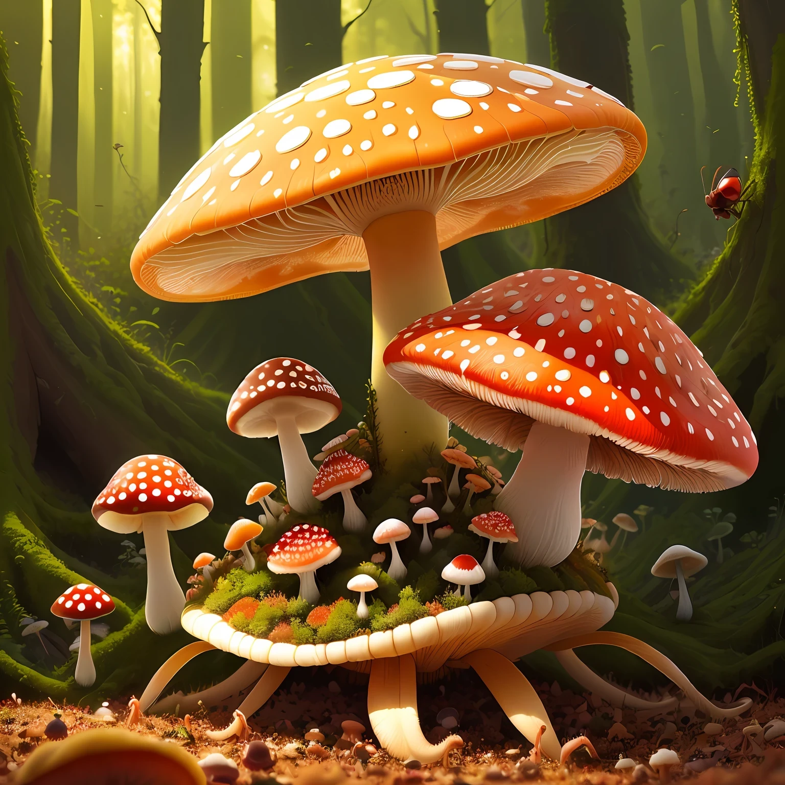 anthill under a fly agaric, many ants around, one ant on top of mushroom