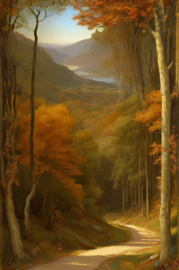 (((Pre-Raphaelite painting of a path))) winding path shaped high on a hill, autumnal tones