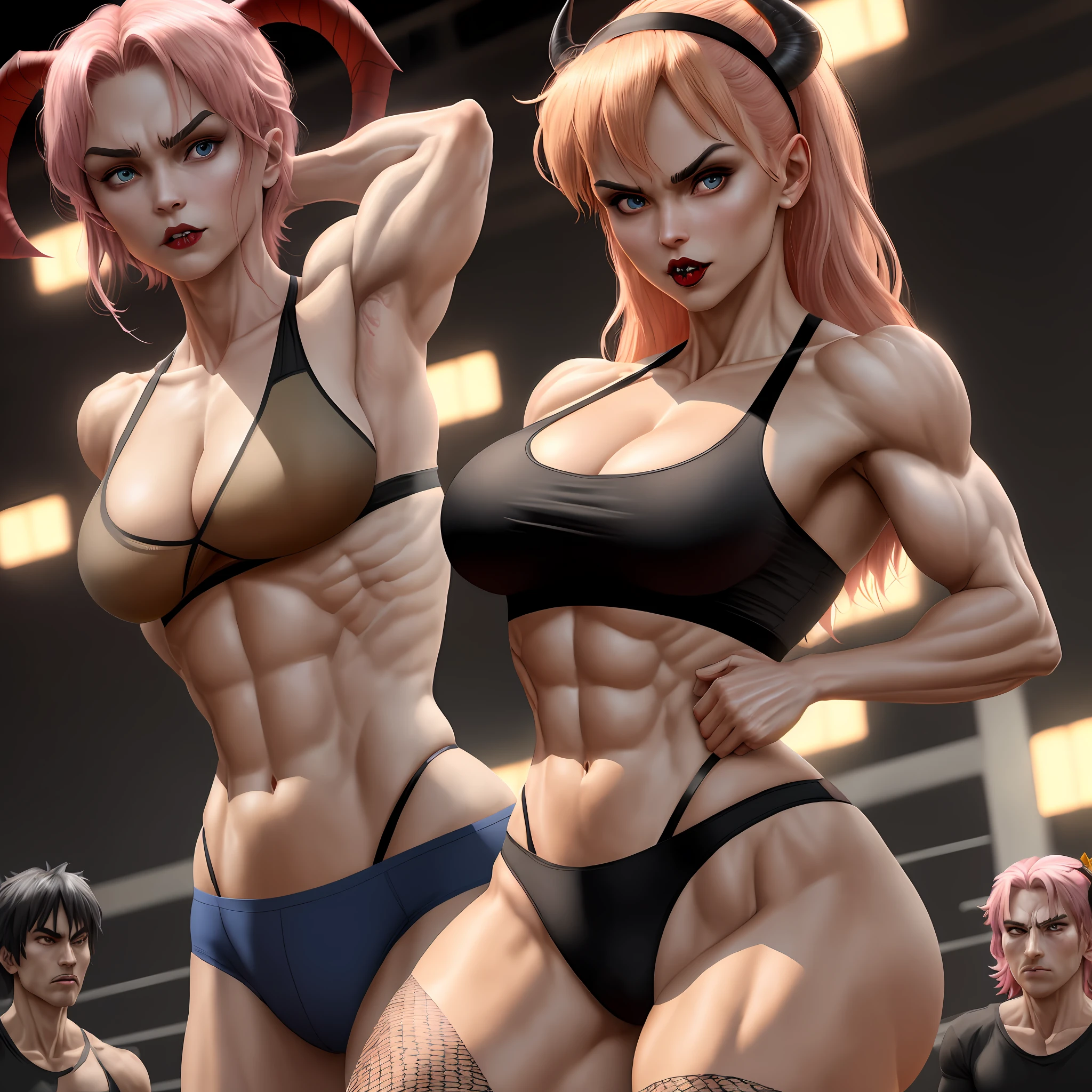 (Best Quality, Masterpiece:1.4), (Realism:1.2), (Realisitc:1.2), (Absurdres:1.2), 4K, Detailed, Ultra-Detailed, Digital Art, Detailed Face, (Hyper-Detailed Eyes:1.2), muscular stomach, muscular woman, muscular arms, muscular thighs, muscular female, body builder,muscles, muscular female, muscular arms, muscular thighs, muscular stomach, muscular, body builder, pink hair, huge breasts, huge muscles, pantyhose, flexing muscles, flexing bicep, giant muscles, goddess, corruption, haughty, powerful, arrogant , angry, angry face, prideful, power hungry, giant breasts, cleavage, breast window, blue eyes, blonde hair, red ribbon in hair, red hairband, evil, corrupted,washboard abs, J-cup breasts, g-cup breasts, crazy face, crazy, insane face, insane, unhinged face, unhinged, black underwear, black bra, tight clothes, see through clothes, see through shirt, demoness, female Demon, demon, succubus, black bikini, tan, tanned skin, tan skin, brown skin, black lips, black lipstick, alice margatroid, margatroid alice, touhou, touhou project, fangs, sharp teeth, bulging muscles, bulging abs, pale, pale skin, fishnets, fishnet shirt, black clothes, goth, golden brown skin, dark skin, black skin, dark brown skin, super tanned skin