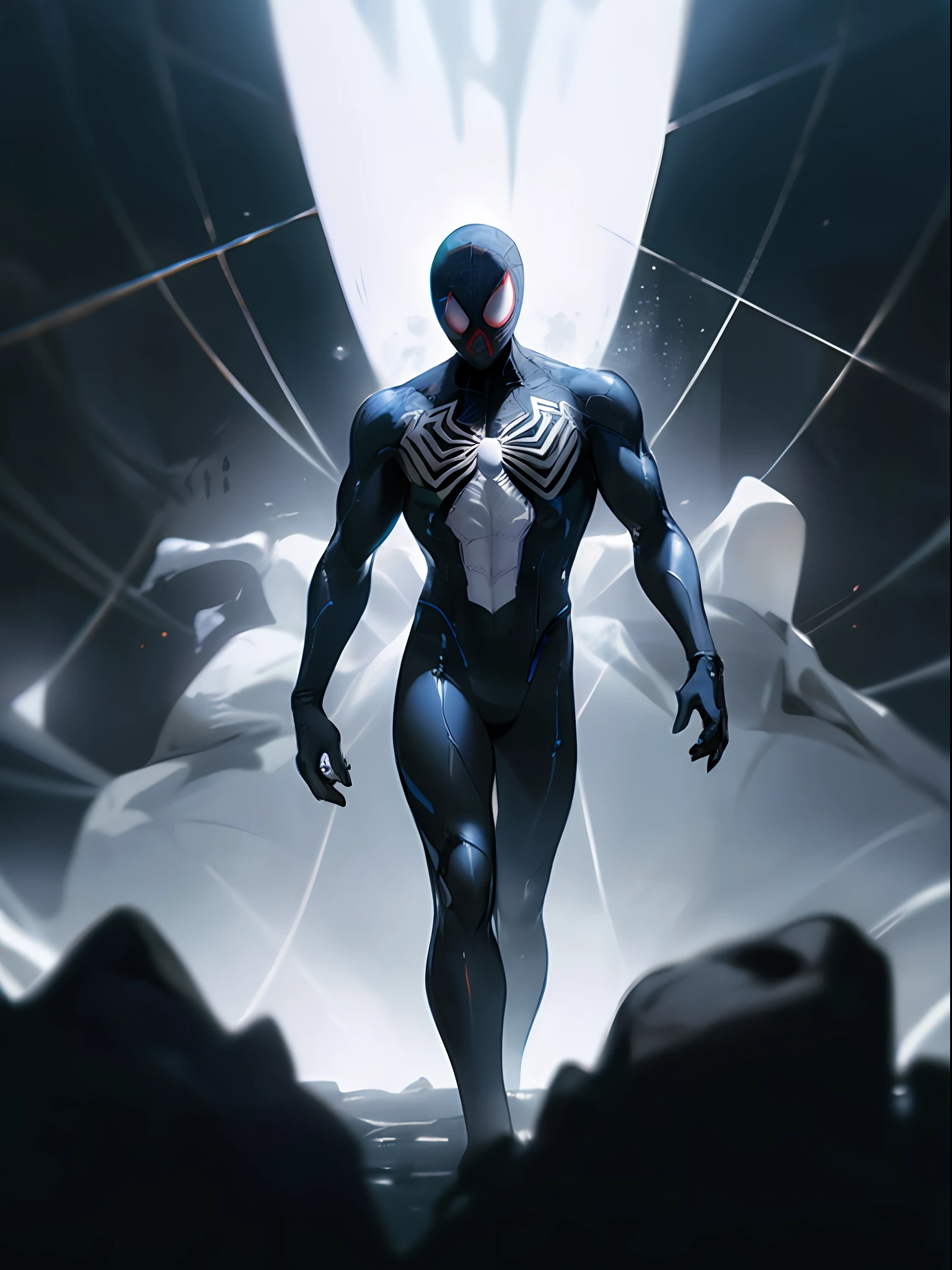 spider man in a black outfit with spider in the center of his chest in white, organic looking outfit, gooey forehead, symbiote, white eyes, fine art, ps5 cinematic screenshot,highly detailed detailed cinematic rendering, ultra photorealistic raytricing, with cinematic lighting