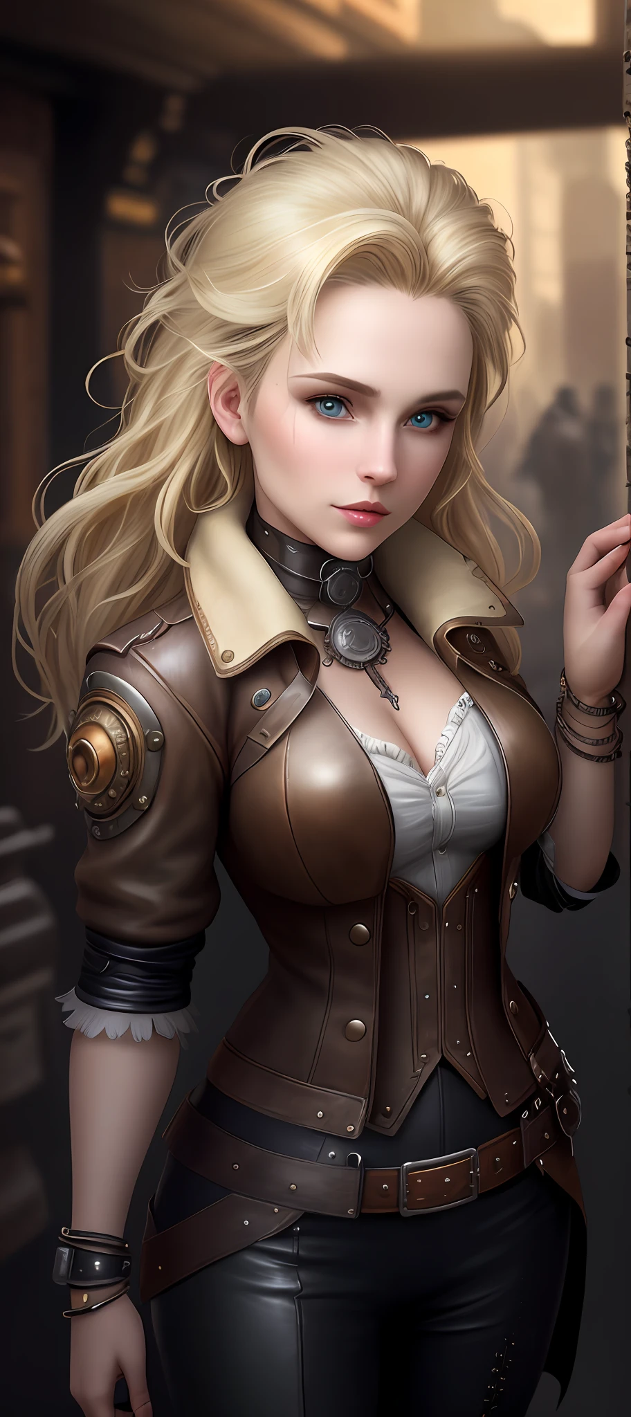 "Complete art masterpiece, high quality, ultra detailed in 4k, 8k, high resolution, hyper-realistic photo, hyper-detailed, realistic skin texture, amazing shadows, extremely detailed texture, perfect lighting, high-level image quality." A woman protagonist of a steam punk game, Fair skin, blond hair, outlined eyes, outlined face, bracelet, Full body, Nice leather clothes, steam punk dirty city on back