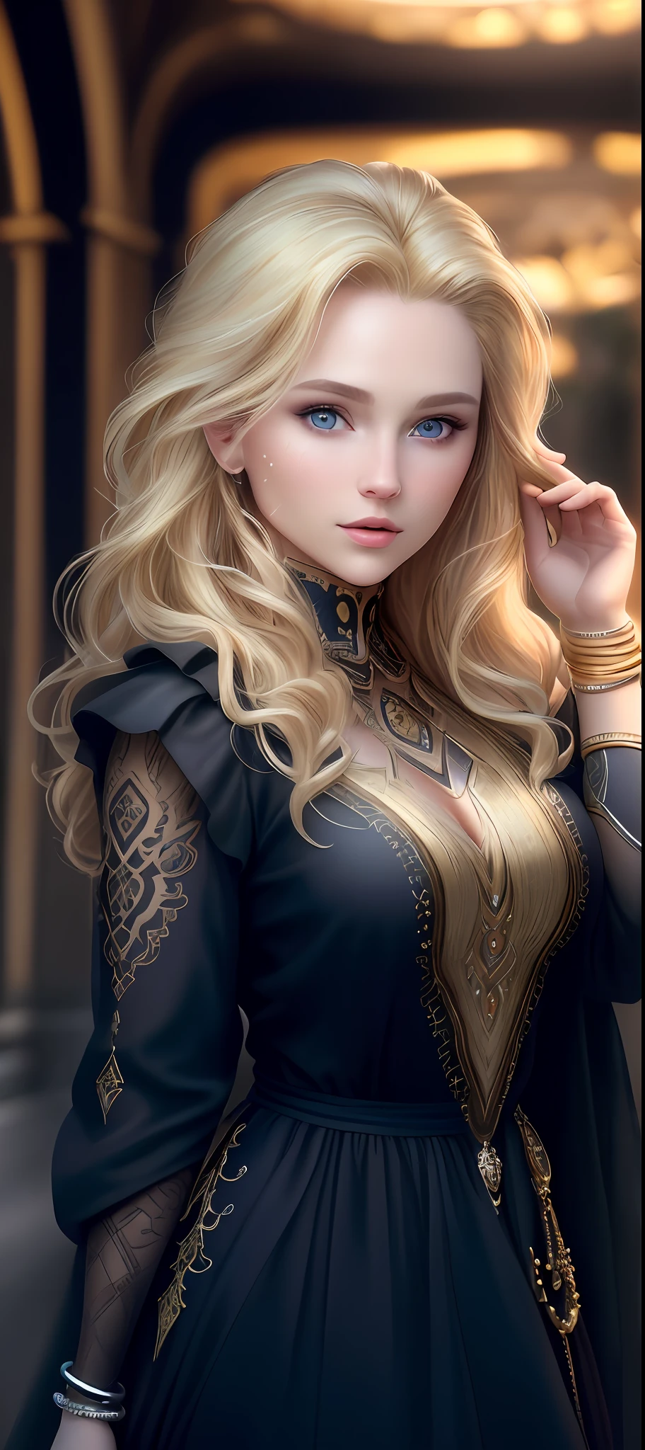 "Complete art masterpiece, high quality, ultra detailed in 4k, 8k, high resolution, hyper-realistic photo, hyper-detailed, realistic skin texture, amazing shadows, extremely detailed texture, perfect lighting, high-level image quality." A woman, Fair skin, blond hair, outlined eyes, outlined face, bracelet, Full body, Nice clothes,