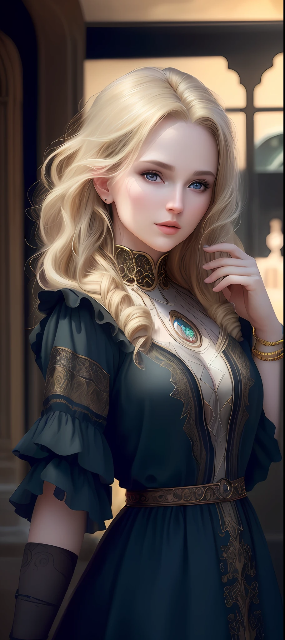 "Complete art masterpiece, high quality, ultra detailed in 4k, 8k, high resolution, hyper-realistic photo, hyper-detailed, realistic skin texture, amazing shadows, extremely detailed texture, perfect lighting, high-level image quality." A woman, Fair skin, blond hair, outlined eyes, outlined face, bracelet, Full body, Nice clothes,