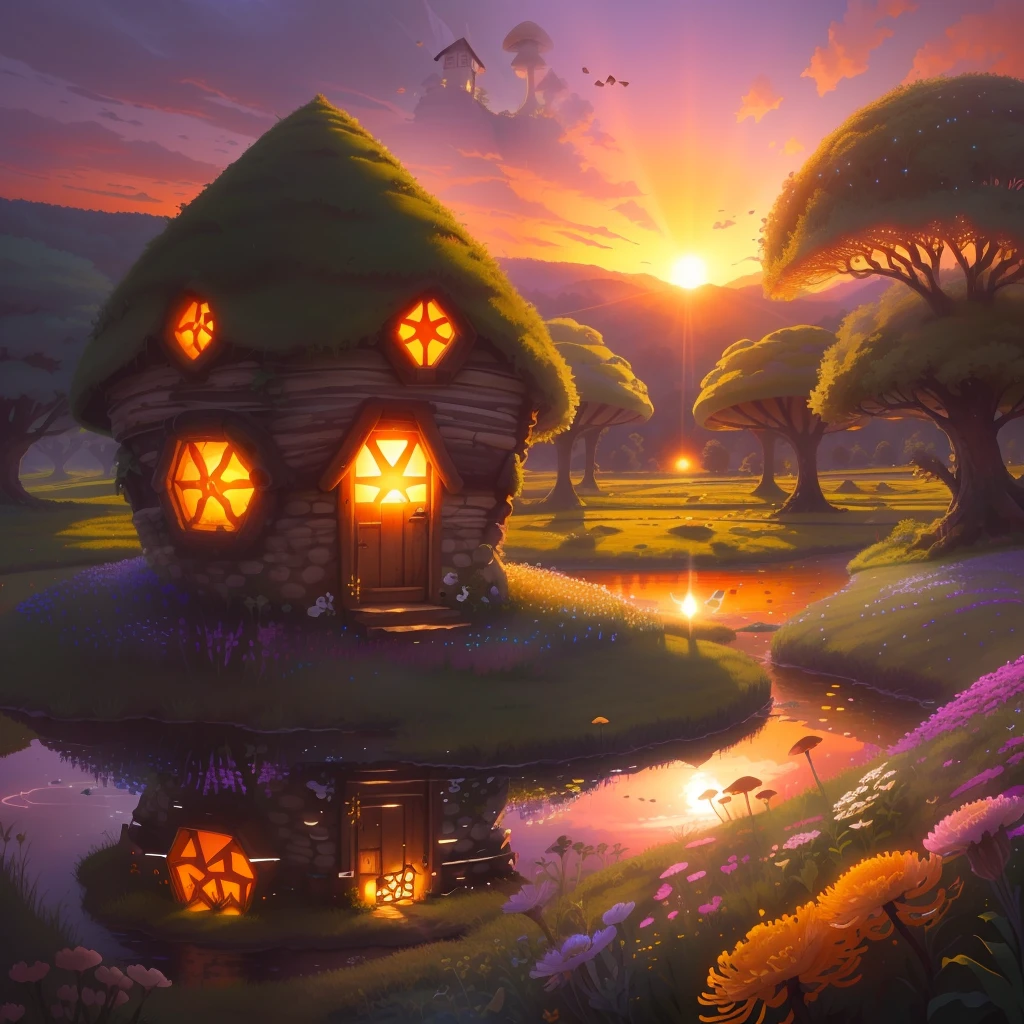 anthill mushroom house on a meadow with lots of beautiful flowers and a few pebbles. mystical fairies and luminous butterflies. epic sunset. Smal river nearby