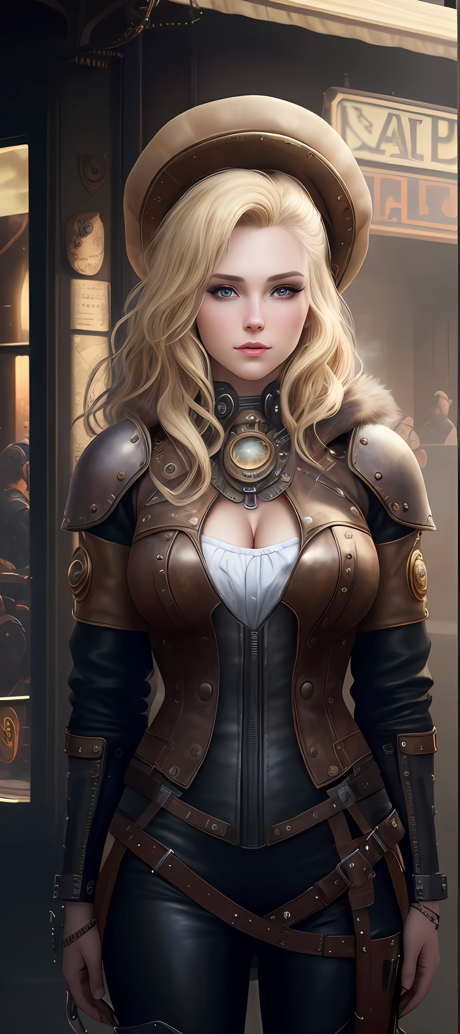 "Complete art masterpiece, high quality, ultra detailed in 4k, 8k, high resolution, hyper-realistic photo, hyper-detailed, realistic skin texture, amazing shadows, extremely detailed texture, perfect lighting, high-level image quality." A woman protagonist of a steam punk game, Fair skin, blond hair, outlined eyes, outlined face, bracelet, Full body, Nice leather clothes, steam punk dirty city on back