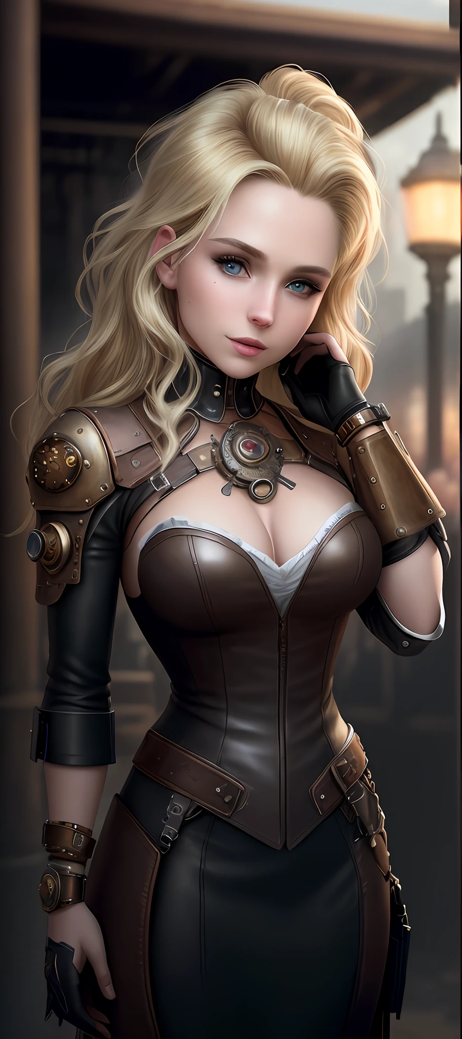 "Complete art masterpiece, high quality, ultra detailed in 4k, 8k, high resolution, hyper-realistic photo, hyper-detailed, realistic skin texture, amazing shadows, extremely detailed texture, perfect lighting, high-level image quality." A woman protagonist of a steam punk game, Fair skin, blond hair, outlined eyes, outlined face, bracelet, Full body, Nice leather clothes, steam punk dirty city on back