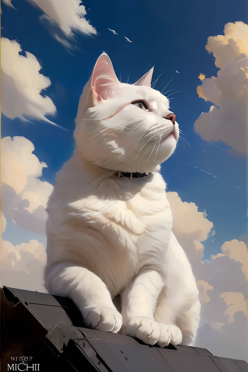 masterpiece, award-winning, by Michael & Inessa Garmash, Ruan Jia, Pino Daeni, chunie, darkgem, clouds in the background, closeup detailed painting of a white cat looking up at the sky, intricate detail, short detailed hair, high quality, amid the clouds, blue eyes, thin. 8k uhd