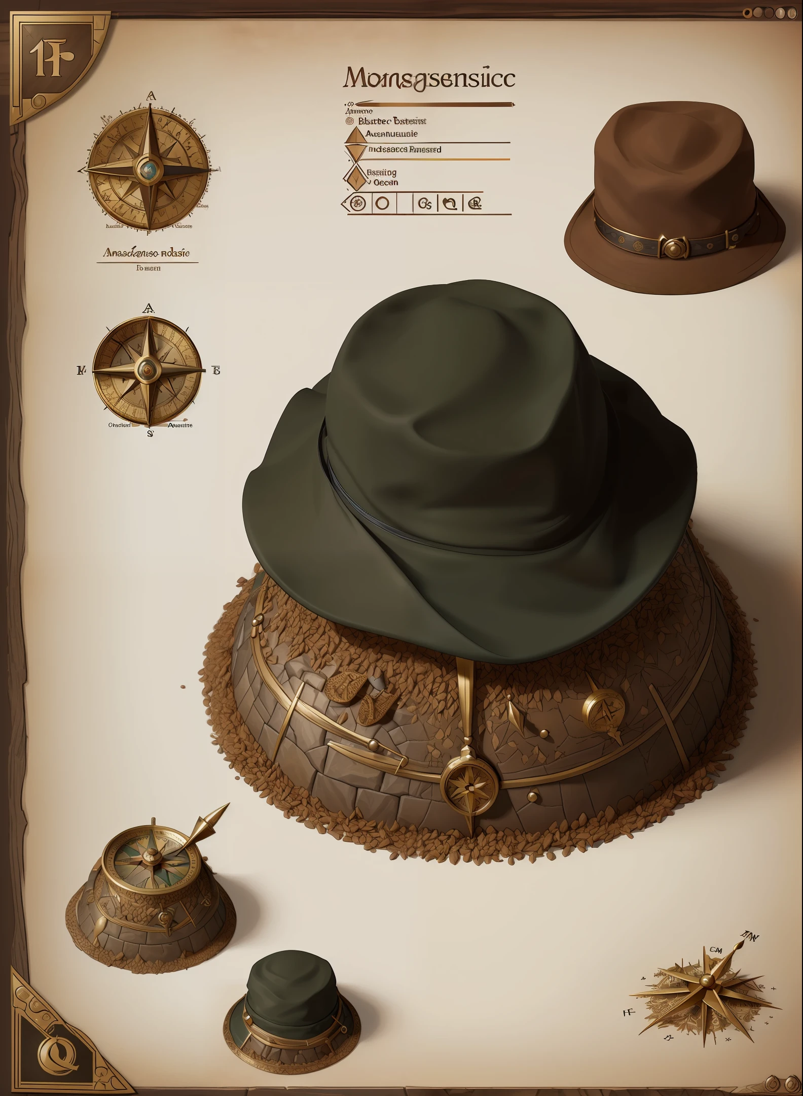 ((masterpiece, better quality)),1 anthill, 1 adventurer's hat, 1 open compass, 1 detailed treasure map