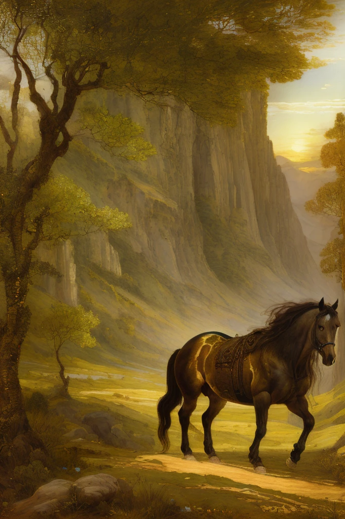 (((Pre-Raphaelite painting))) wild horse in a beautiful mystical Celtic landscape, high definition, hill, sunset