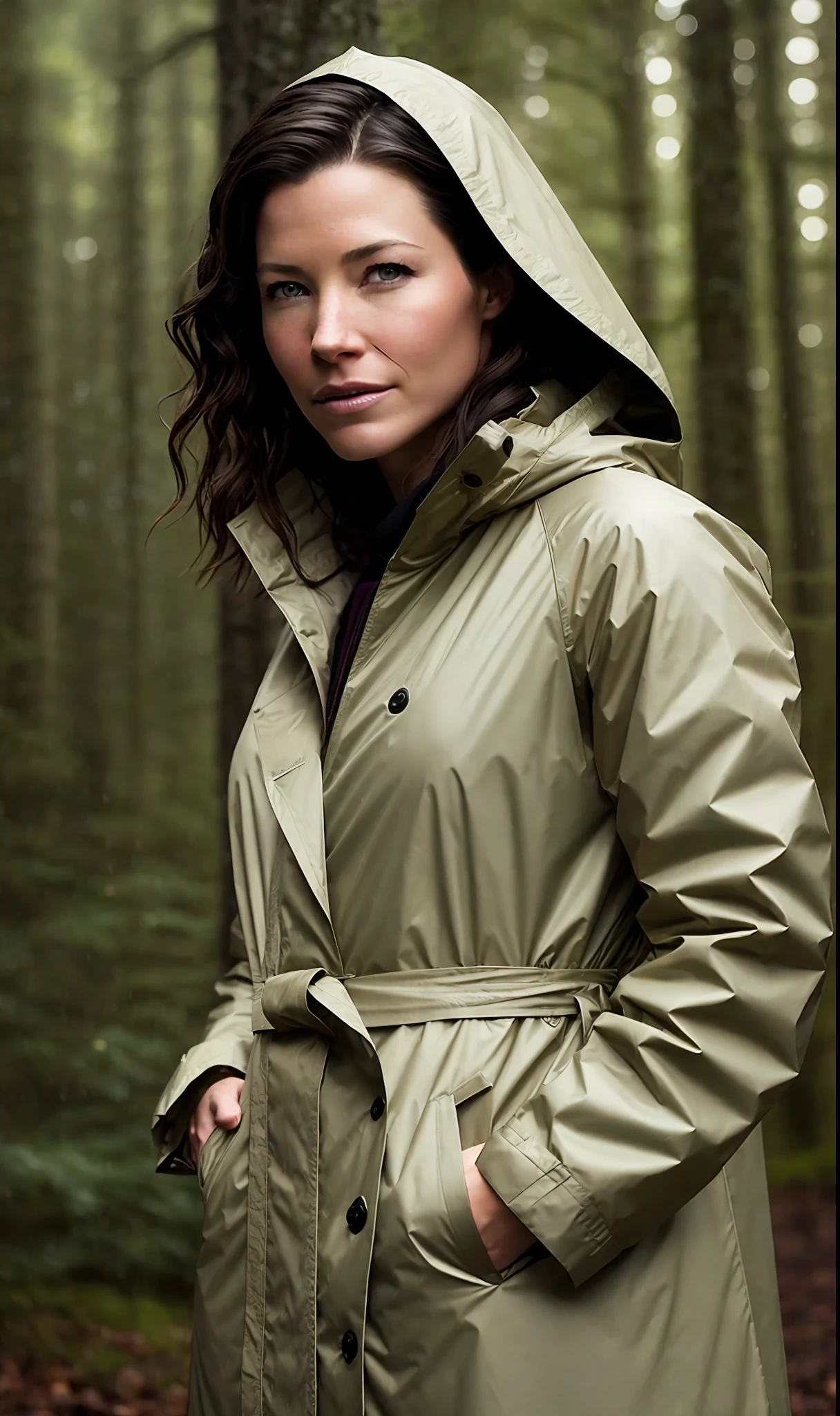professional modelshoot evangeline lilly (highly detailed:1.1), wearing raincoat, on a elfic forest, rainy mood, dark fim, noir lighting, detailed, (god rays:0.8), (lens flare:0.8), film grain, bokeh, depth of field,