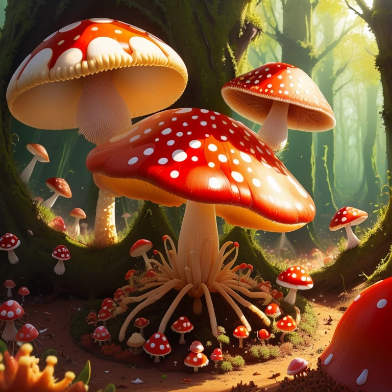 one fly agaric, large anthill under it, many red ants around, one ant on top of agaric