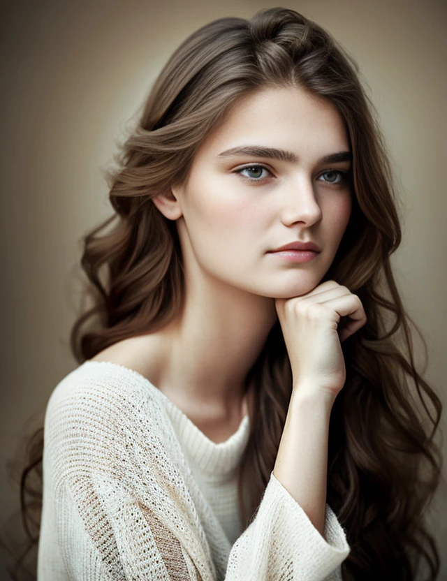 20-year-old woman, (front view), Realistic portrait of a Sad but beautiful tired woman yearning for a time that never was, segmented clothes, long hair, volumetric lighting, well-defined hands, doe eyed, cloudy day