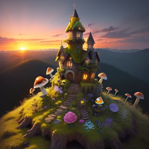 Ant castle on a small hill covered with moss and stones. flower. butterflies that fly. epic sunset. small mushrooms