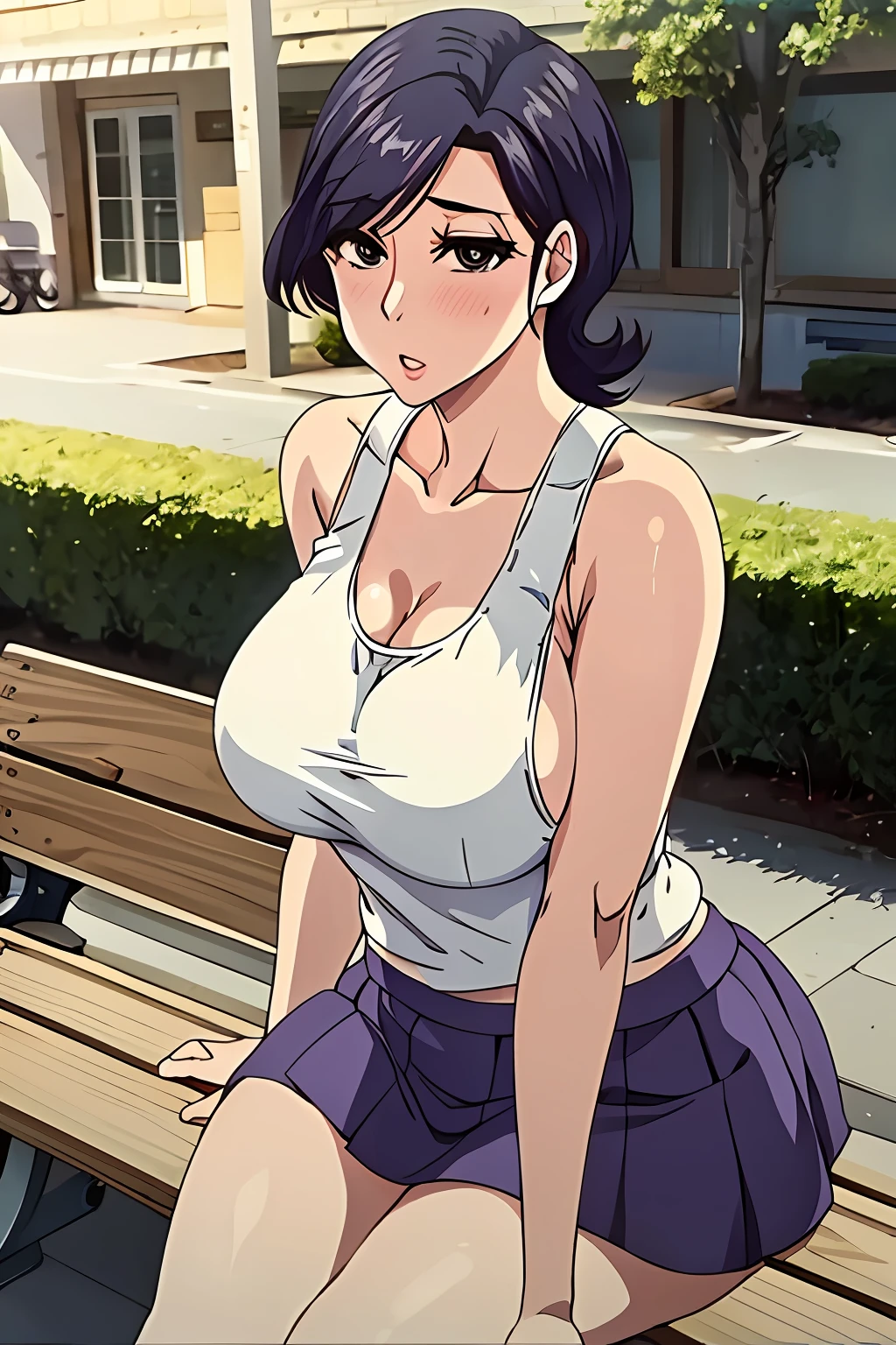 ((masterpiece)), ((best quality)), Minako, big breast, tank top, mini skirt, very detailed, anime screencap, sitting on bench, outside, garden