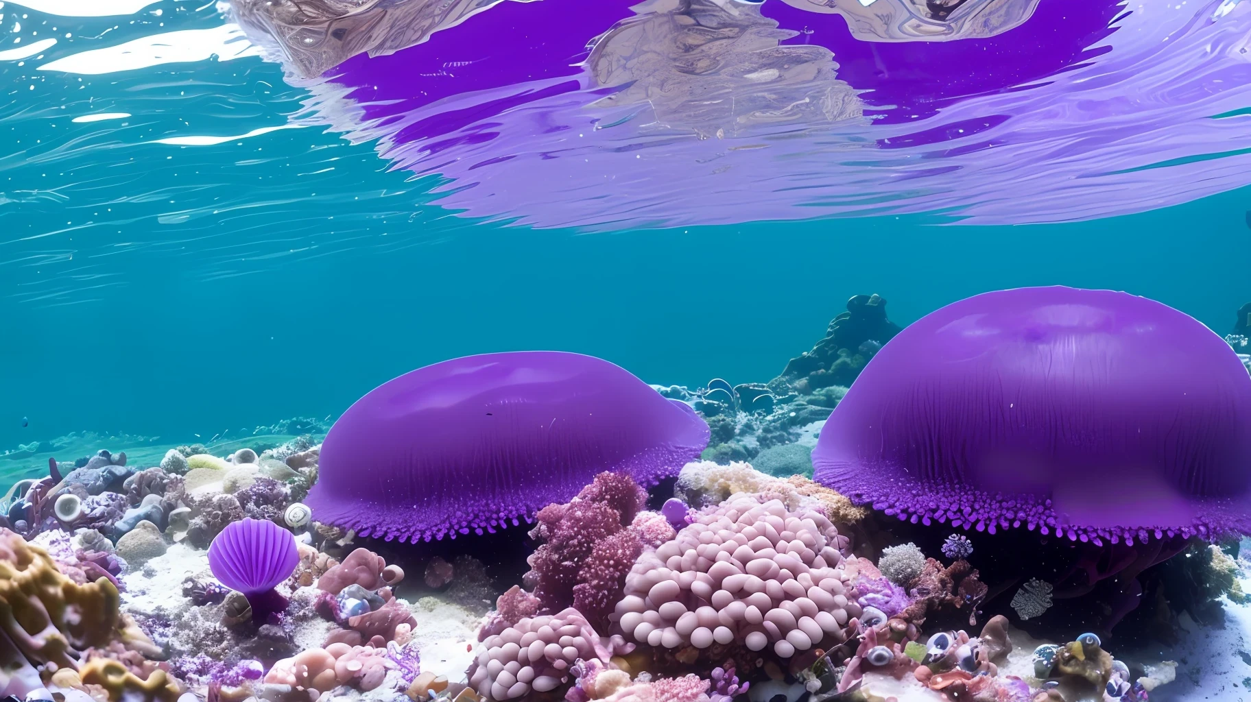 a bright purple sea anenome anthill flowing under the water in a bubble