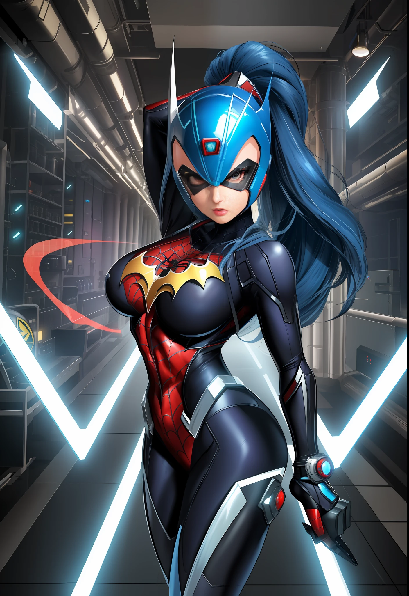 ((Image by 1woman/Mega Man-X/Batman/Spider-Man/Kamen Rider)), Max resolution/detail/quality/sharpness. Unreal Engine 5, Anime style, long mohawk hair/eyes, huge breasts1, looking at the viewer furiously, pose with futuristic armada, showing off to the viewer, in a futuristic military base in front of the entrance of a laboratory.
