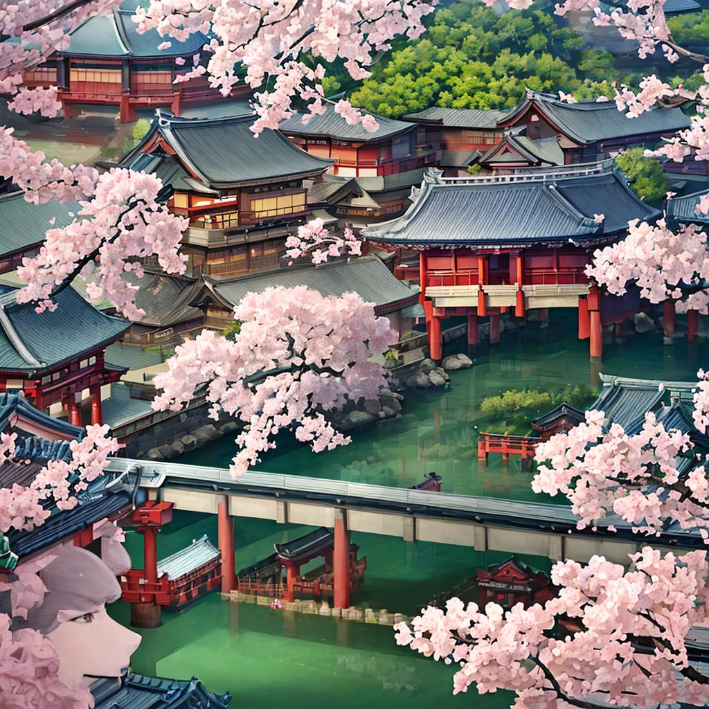 ((masterpiece)),((best quality)),((high detail)),((realistic,)) Medieval Japanese City, sakura trees in bloom, shinto shrine, bazaars, Bridges, Japanese castle, Japanese architecture