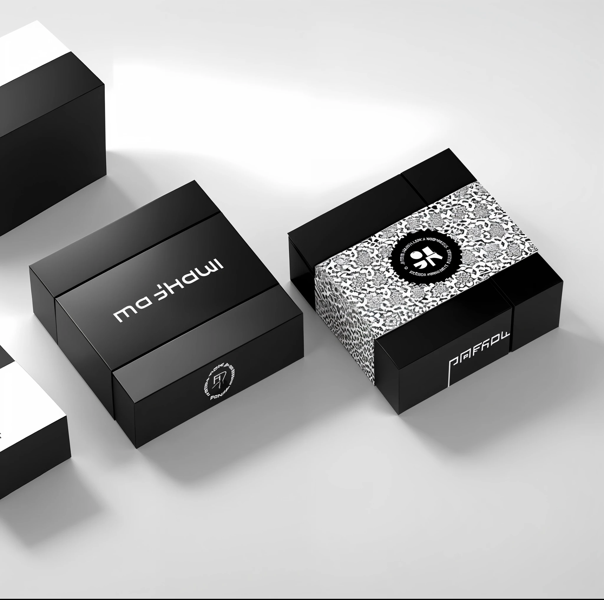 arafed box with a black and white design and a white box with a black and white design, packaging design, packaging, monochrome 3 d model, white box, by Artur Tarnowski, package cover, packshot, keyshot product render, monochrome lomography, monochrome black and white, packaging of the world, unused design, by Simon Ushakov