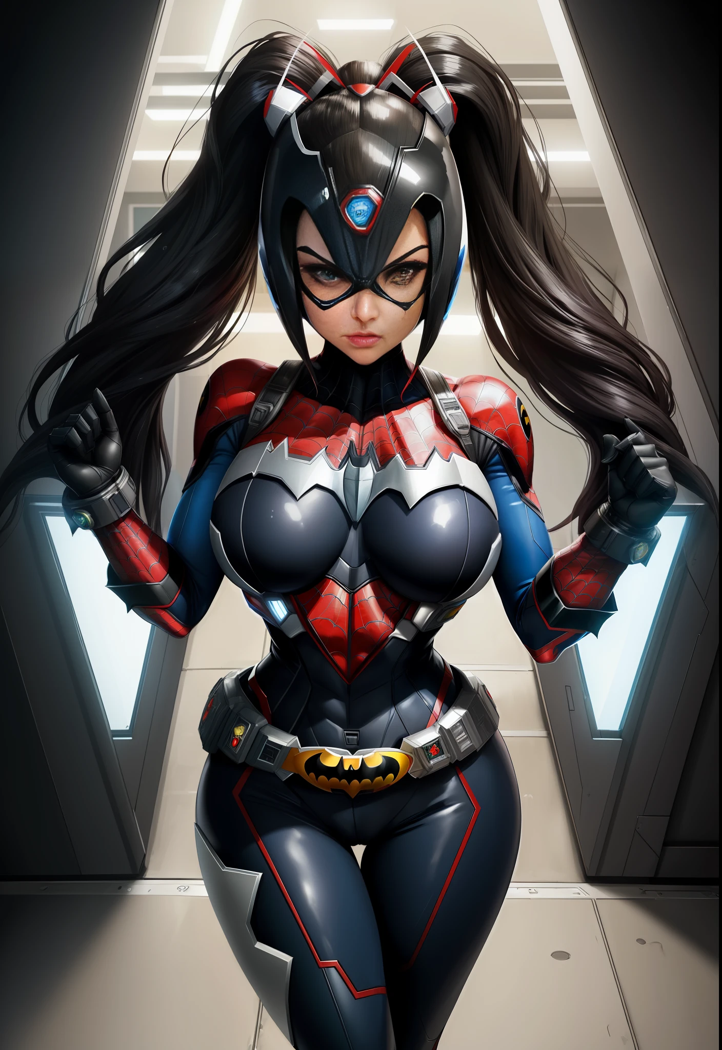 ((Image by 1woman/Mega Man-X/Batman/Spider-Man/Kamen Rider)), Max resolution/detail/quality/sharpness. Unreal Engine 5, Anime style, long mohawk hair/eyes, huge breasts1, looking at the viewer furiously, pose with futuristic armada, showing off to the viewer, in a futuristic military base in front of the entrance of a laboratory.