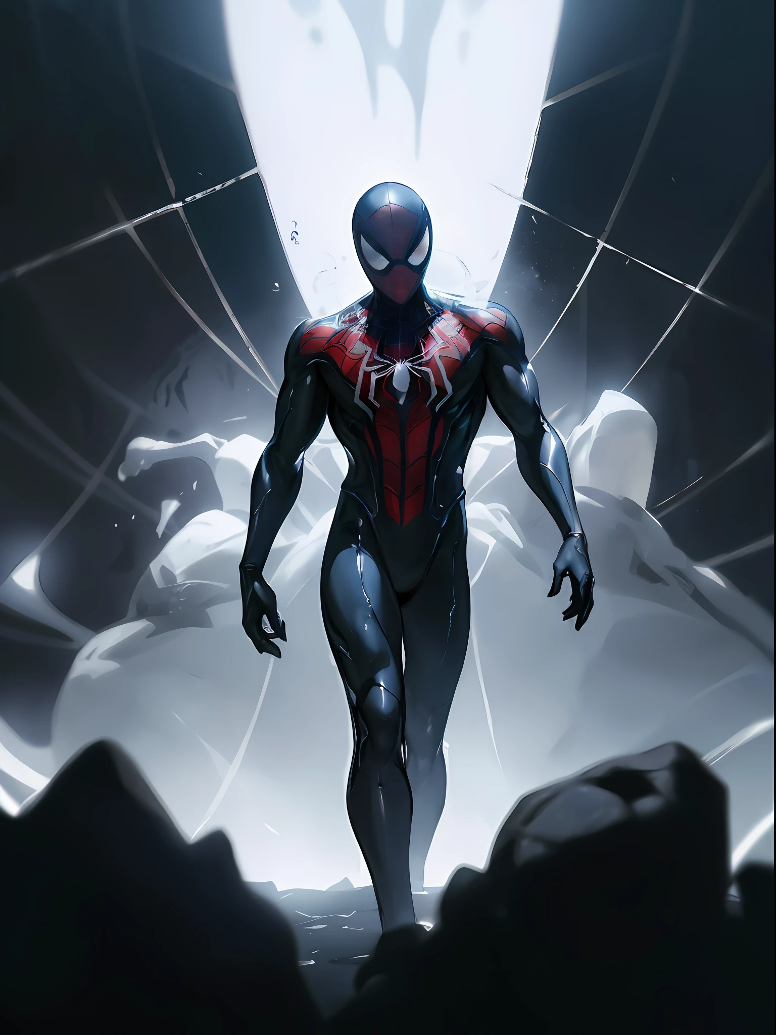 spider man in a black outfit with spider in the center of his chest in white, organic looking outfit, gooey forehead, symbiote, white eyes, fine art, ps5 cinematic screenshot,highly detailed detailed cinematic rendering, ultra photorealistic raytricing, with cinematic lighting