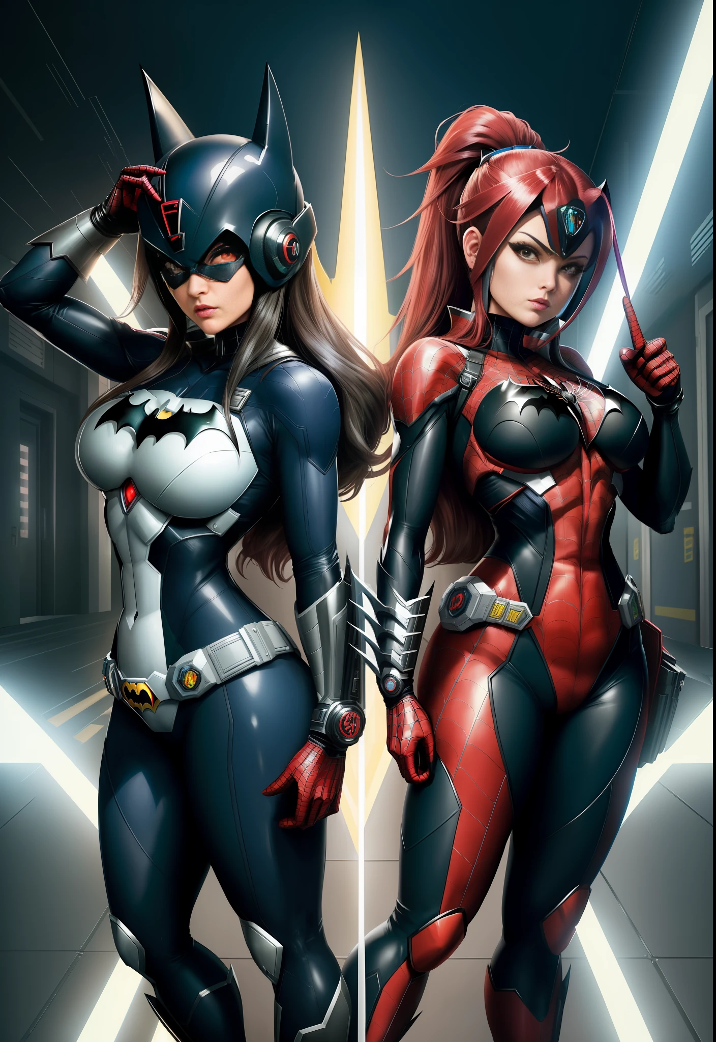 ((Image by 1woman/Mega Man-X/Batman/Spider-Man/Kamen Rider)), Max resolution/detail/quality/sharpness. Unreal Engine 5, Anime style, long mohawk hair/eyes, huge breasts1, looking at the viewer furiously, pose with futuristic armada, showing off to the viewer, in a futuristic military base in front of the entrance of a laboratory.