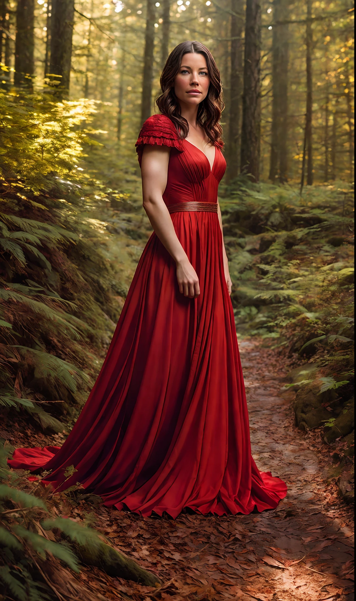 professional modelshoot evangeline lilly (highly detailed:1.1), wearing red gown, on a elfic forest, dark film, noir lighting, detailed, (god rays:0.8), (lens flare:0.8), film grain, bokeh, depth of field,