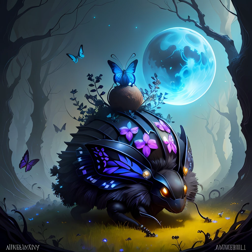 anthill with glowing black butterfly on top, fantasy, art