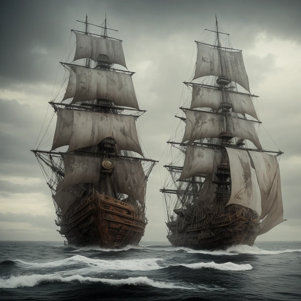 Ship, ghost ship, torn sails, rusty cannon, rotten hull, night weather, fog, ghostly weather, wooden ship, whole ship,