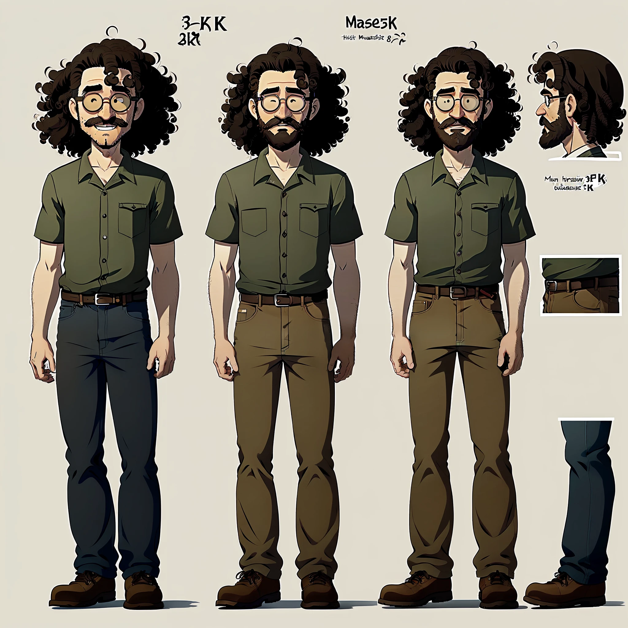 Masterpiece, best quality, realistic, (very detailed CG unit 8k) (best quality), (best illustration), (best shadows), Man, middle aged, ((blind)), SMILING, brown, average height, brown eyes, ((long curly black hair)), long gray beard, fleshy lips, round face, ((brown skin)), full eyebrows, thin, street artist, torn pants, boho blouse:: comic strips::3 character sheet, character design::1 adrian tomine: :3 hispanic::6