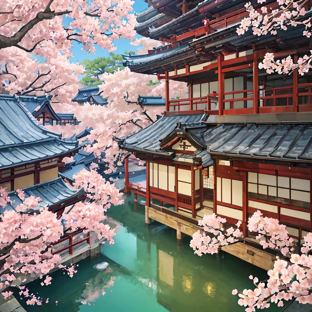 ((masterpiece)),((best quality)),((high detail)),((realistic,)) bustling Medieval Japanese City, sakura trees in bloom, inns, shops, Japanese castle, Japanese architecture