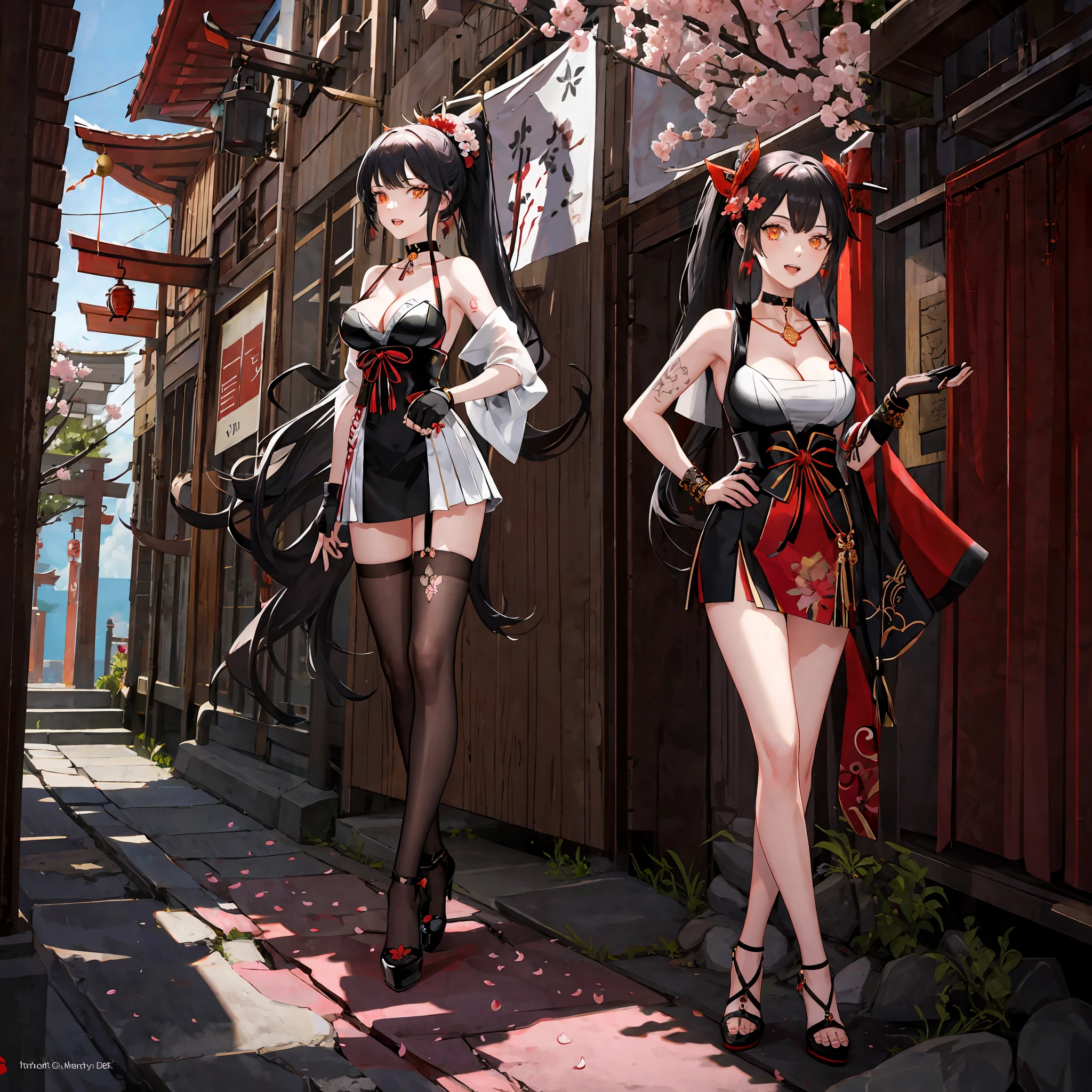 Masterpiece, best quality, high resolution, 1 girl, asymmetrical hair, (bandaged leg), (bandaged leg), (bandaged one), bangs, black gloves, blonde, butterfly choker, pectoral tattoo, choker, cleavage, collarbone, fingerless gloves, fish hair ornament, floating hair, flower tattoo, gloves, hair between eyes, hair ornament, high ponytail, kanzashi, medium chest, medium hair, open mouth, orange eyes,  pendant choker, red choker, side lock, Single fingerless gloves, Individual gloves, Smile, Tassel, Tattoo, Teeth, Thighs, Upper teeth only, Bracelet, Cherry blossoms, Cherry blossoms, Torii gates, Multiple Torii gates, (Exposed chest, Exposed budget, Exposure: 1.2), (Hands on hips: 1.2), Sea, Hair pull, Black hair, Lock, Morning