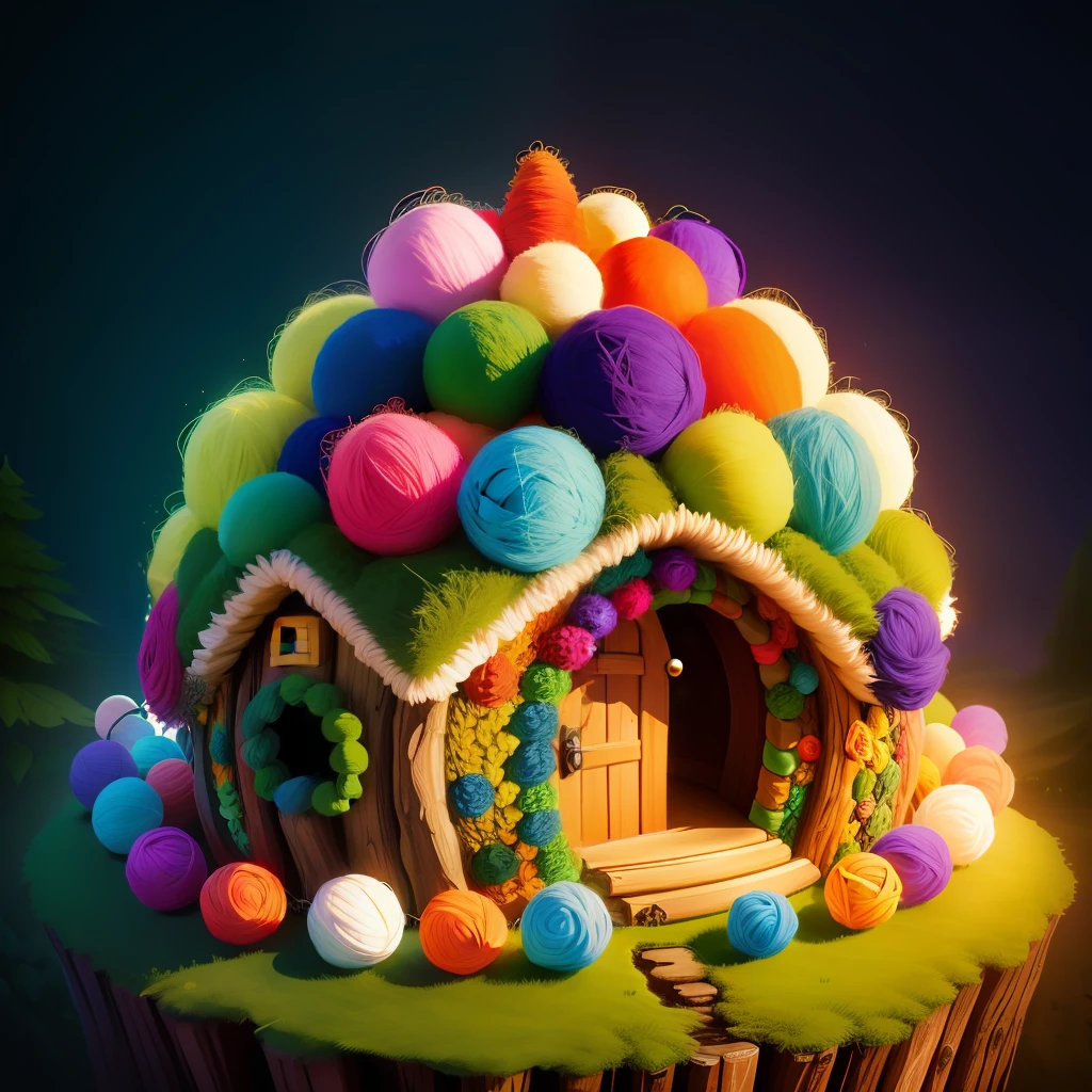 anthill in the shape of a fairy house made of yarn balls, vibrant colors, fantasy style