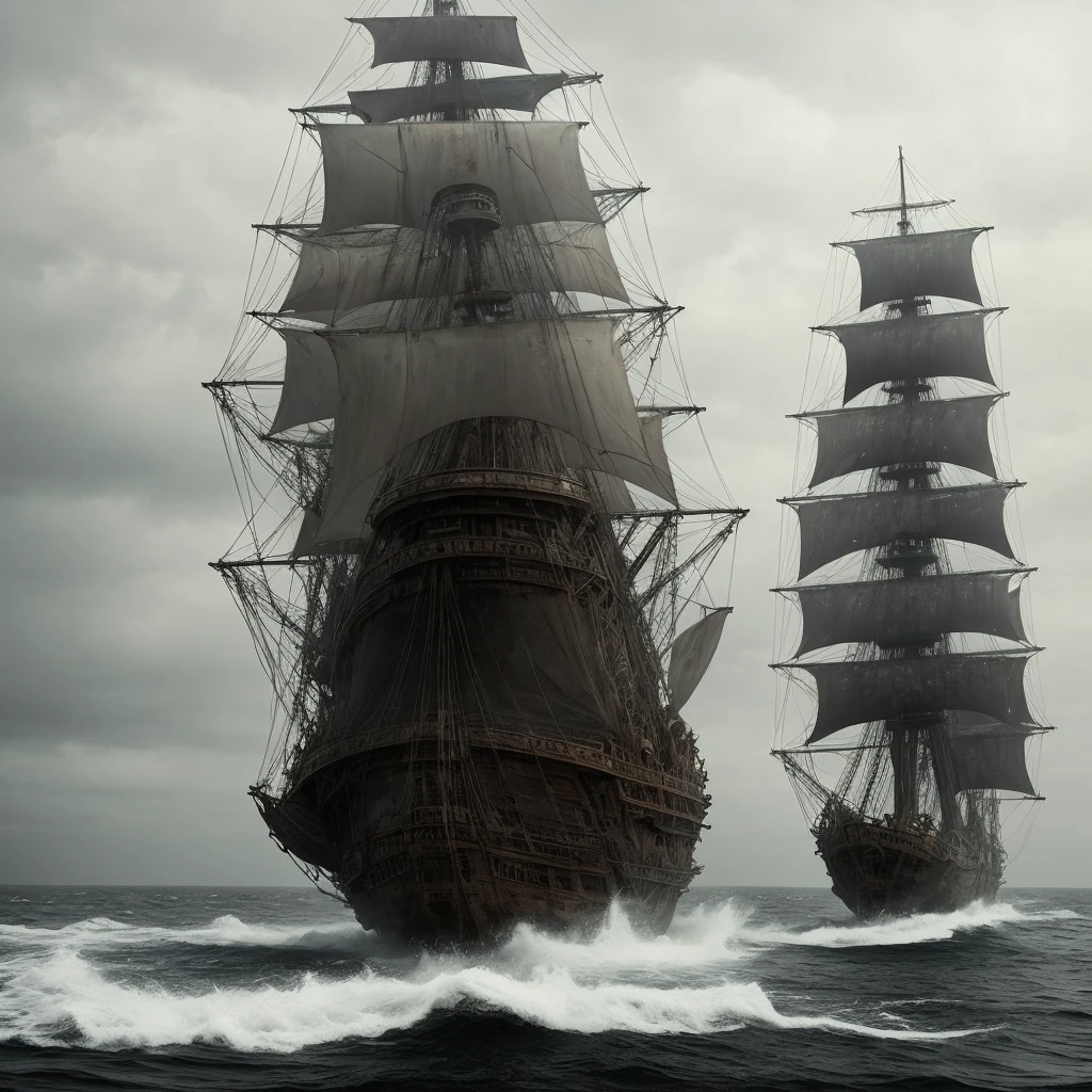 Ship, ghost ship, torn sails, rusty cannon, rotten hull, night weather, fog, ghostly weather, wooden ship, whole ship, at sea, battleship, horrifying glow