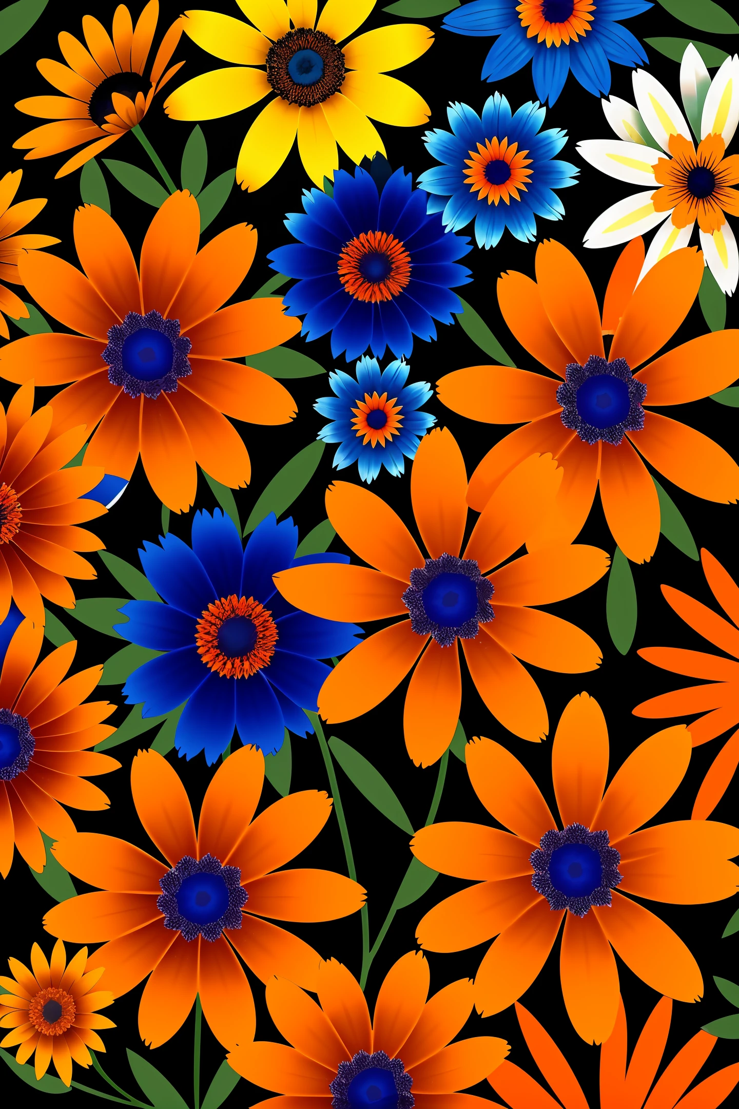 There are many different colored flowers that are in the picture, orange and blue colors, strong blue and orange colors, blue and orange, blue and orange tones, blue and orange palette, orange and blue tones, orange and blue, blue and orange color scheme, bright color flowers, orange and blue color scheme, some oranges and blues, colorful flowers, beautiful flowers, Primary: #375D81 (dark blue) Secondary: #82A6C0 (light blue) Highlighted: #FF7F50 (orange) Complementary: #D4AF37 (aged gold) Neutral 1: #FFFFFF (white) Neutral 2: #000000 (Black) 1:1