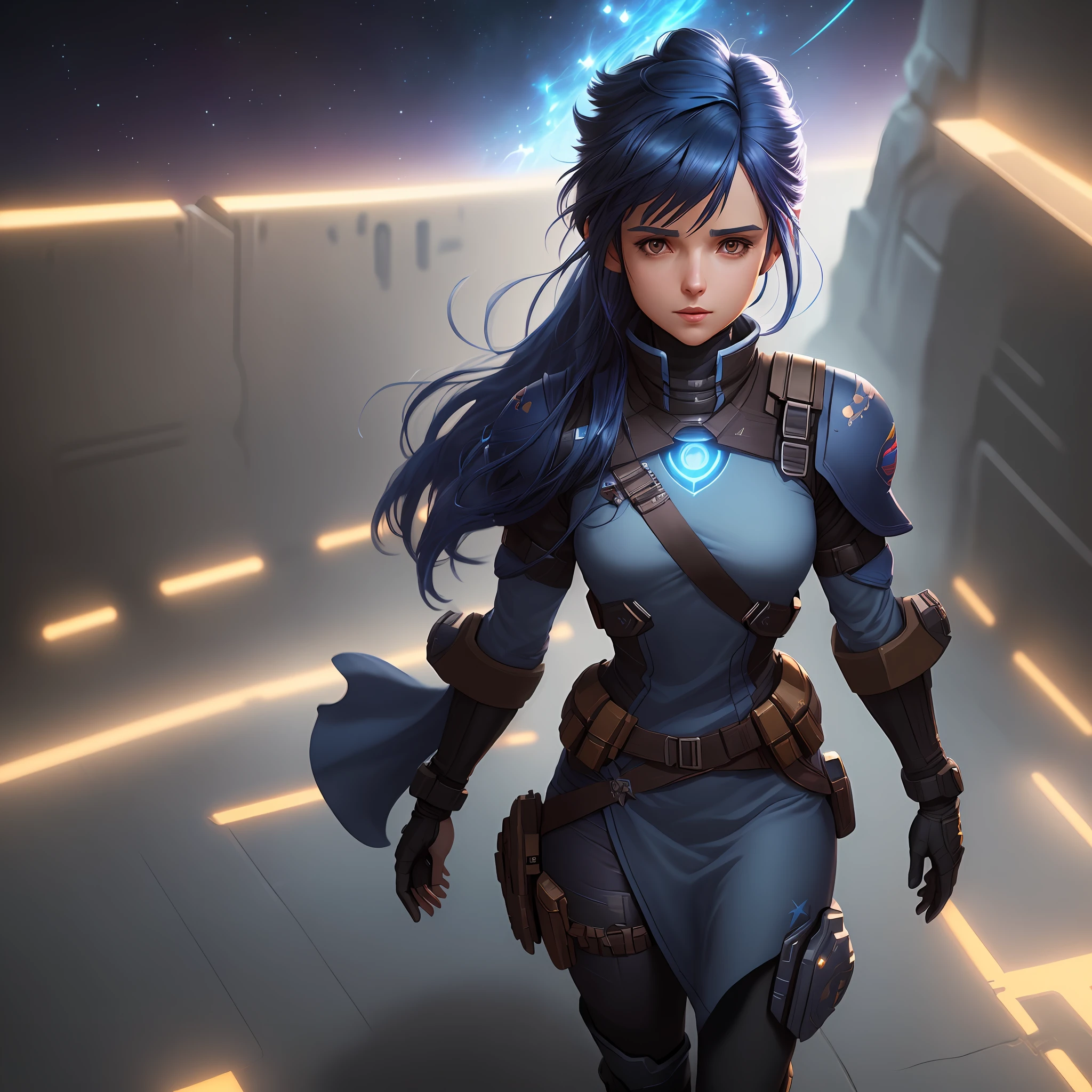 A female protagonist of a trails of a star renegades game (small breasts, dark blue hair), masterpiece, best quality, (extremely detailed 8k unity CG wallpaper), (best quality), (best illustration), (best shadow), absurdities, realistic lighting, (Abyss), beautiful detailed brightness,