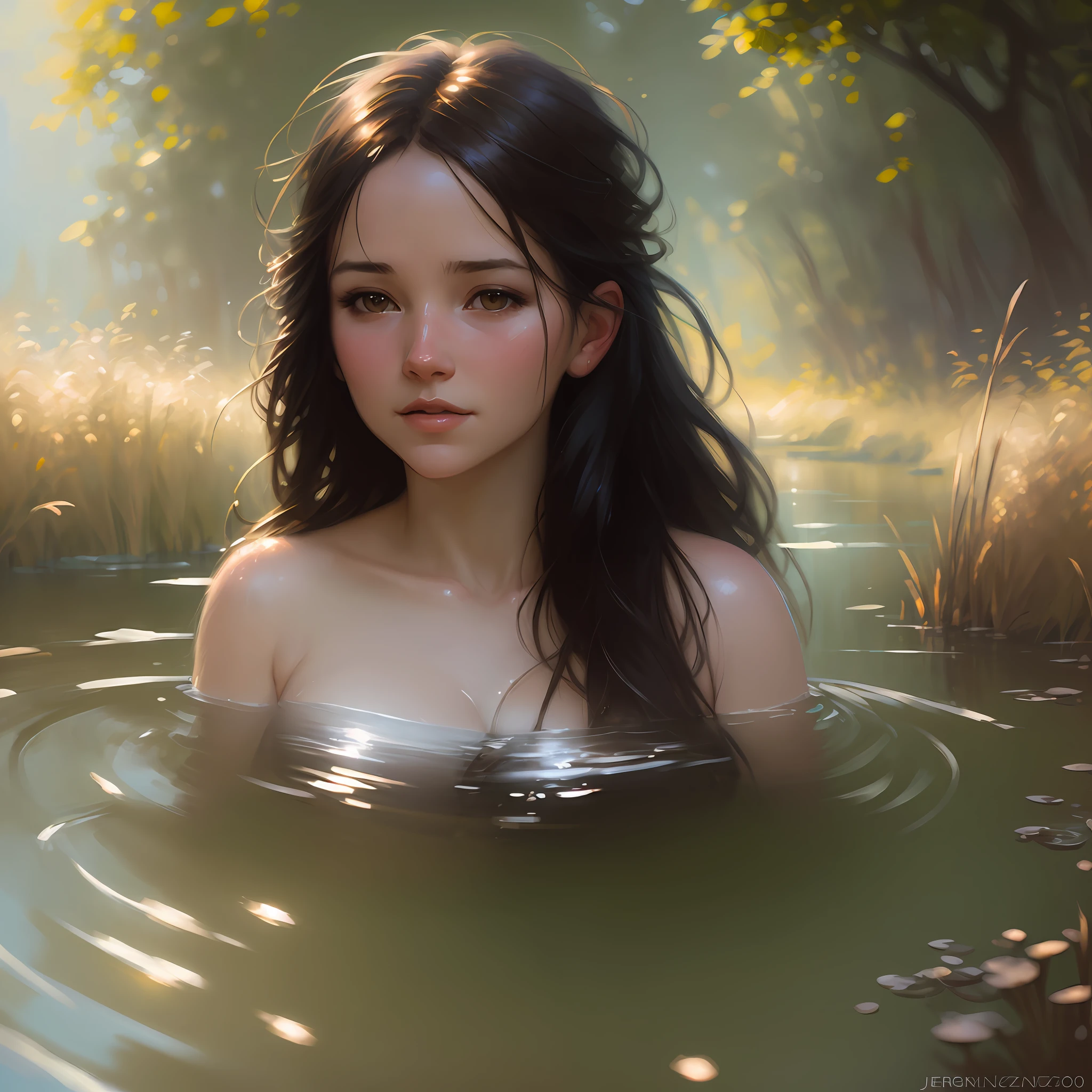 close up portrait of a cute woman bathing in a river, reeds, (backlighting), realistic, masterpiece, highest quality, lens flare, shade, bloom, [[chromatic aberration]], by Jeremy Lipking, by Antonio J. Manzanedo, digital painting