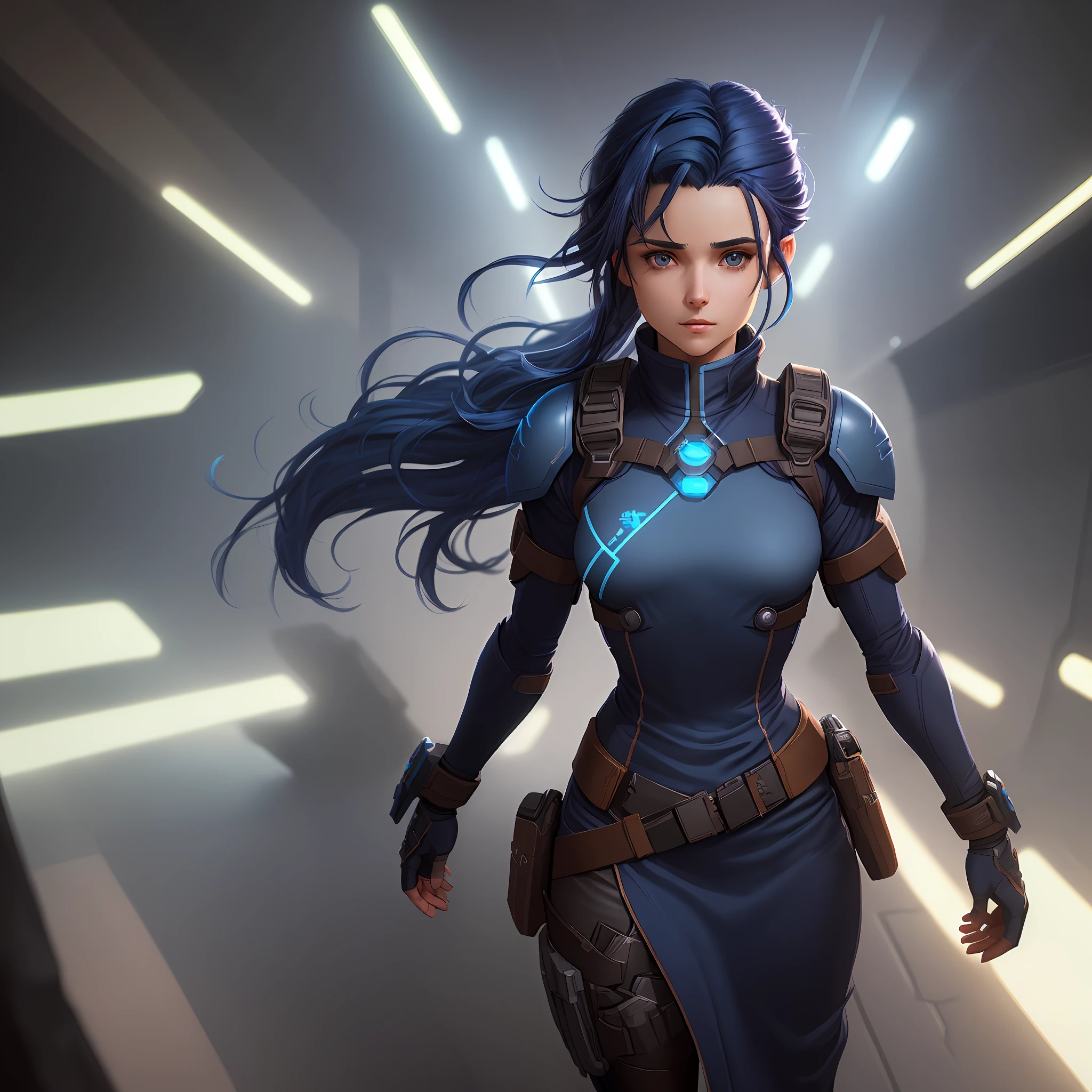 A female protagonist of a trails of a star renegades game (small breasts, dark blue hair), masterpiece, best quality, (extremely detailed 8k unity CG wallpaper), (best quality), (best illustration), (best shadow), absurdities, realistic lighting, (Abyss), beautiful detailed brightness,