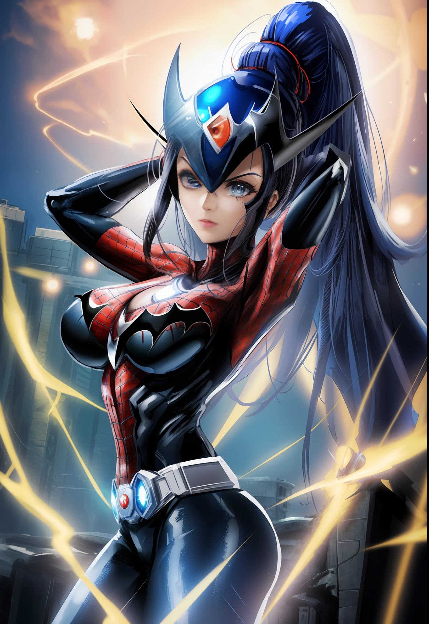 ((1woman/Mega Man-X/Batman/Spider-Man/Kamen Rider)), Max resolution/detail/quality/sharpness. Unreal Engine 5, Anime style, long mohawk hair/eyes, huge breasts1, looking at the viewer furiously, pose with futuristic armada, showing off to the viewer, in a futuristic military base in front of the entrance of a laboratory.