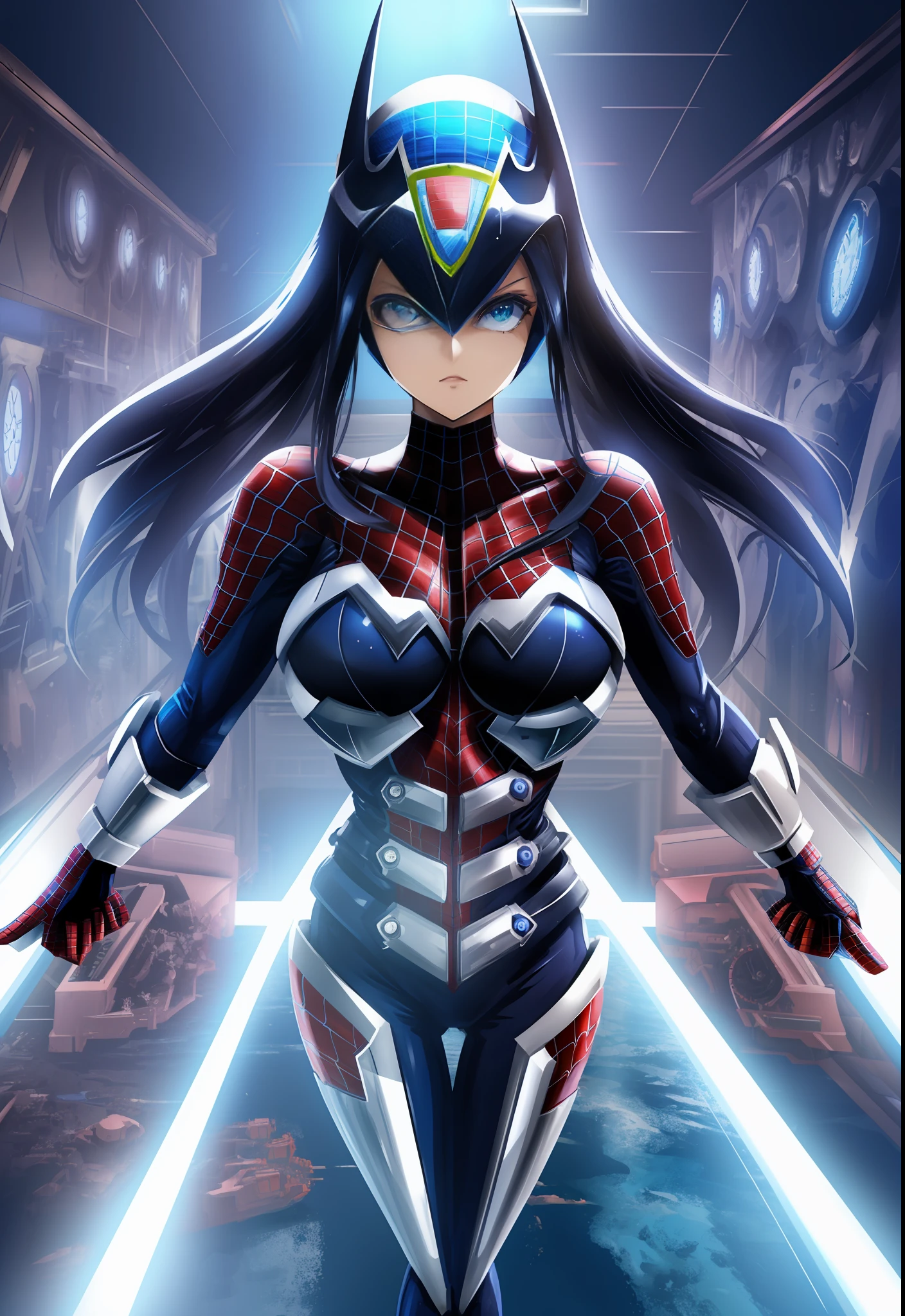 ((1woman/Mega Man-X/Batman/Spider-Man/Kamen Rider)), Max resolution/detail/quality/sharpness. Unreal Engine 5, Anime style, long mohawk hair/eyes, huge breasts1, looking at the viewer furiously, pose with futuristic armada, showing off to the viewer, in a futuristic military base in front of the entrance of a laboratory.