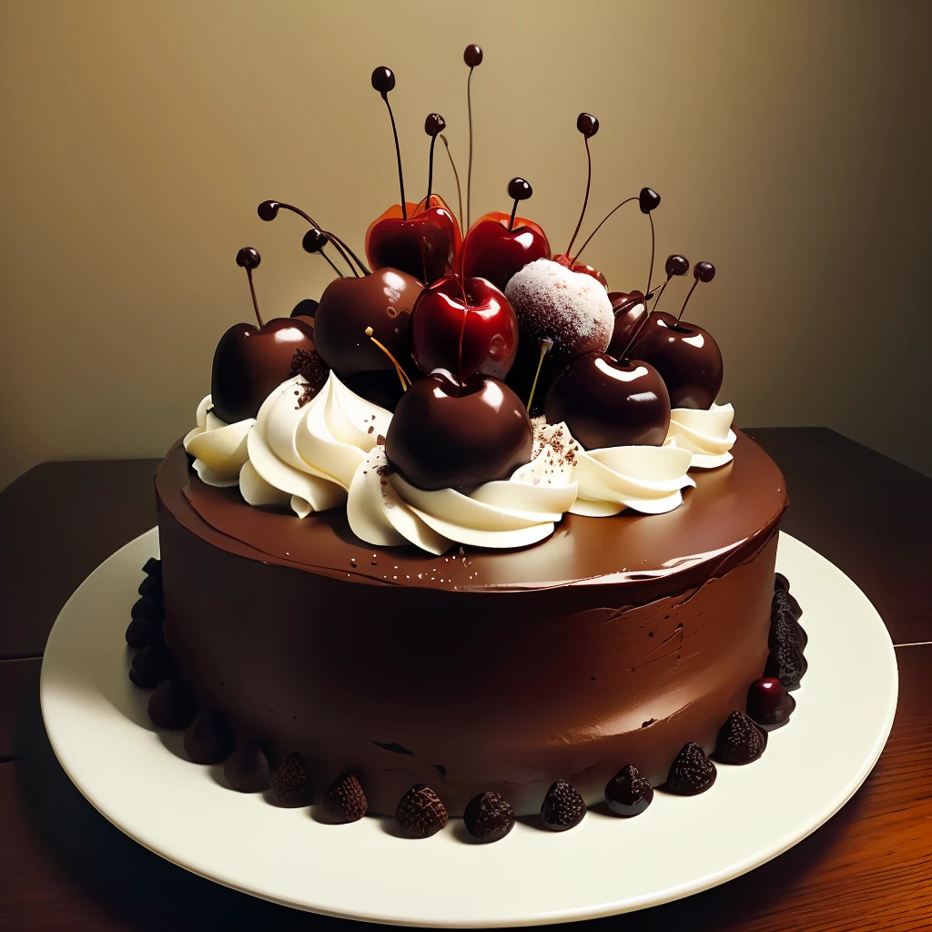 anthill home made of chocolate cake, truffles, large Ants, whipped cream, cherries, fantasy