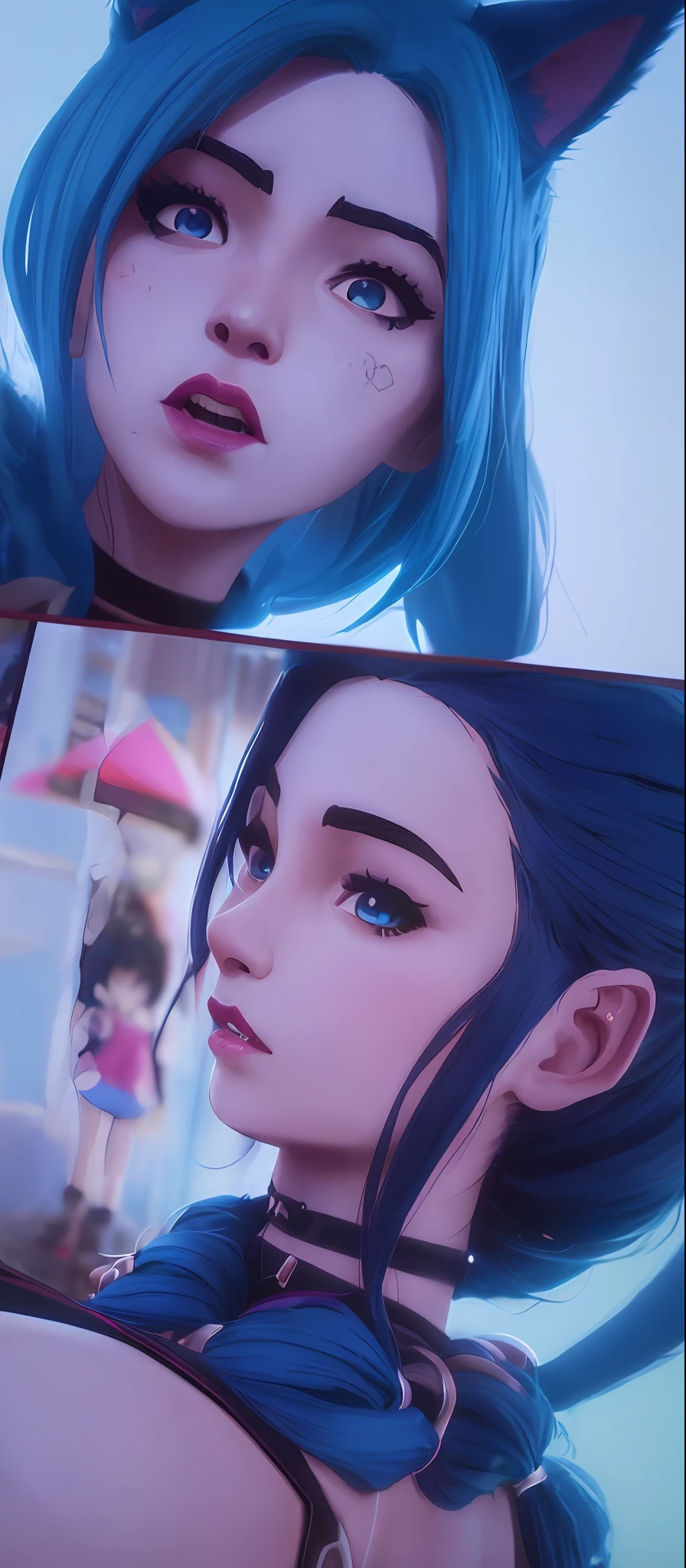 A close-up of a person with blue hair and a cat ear, anime girl cosplay, 1 7-year-old anime goth girl, anime cosplay, belle delphine, real-life anime girl, beautiful blue-haired girl, anime-inspired, pretty girl with blue hair, double-tailed pink hair and cyan eyes, very beautiful cute catgirl, perfect android girl, Arcane style, arcane