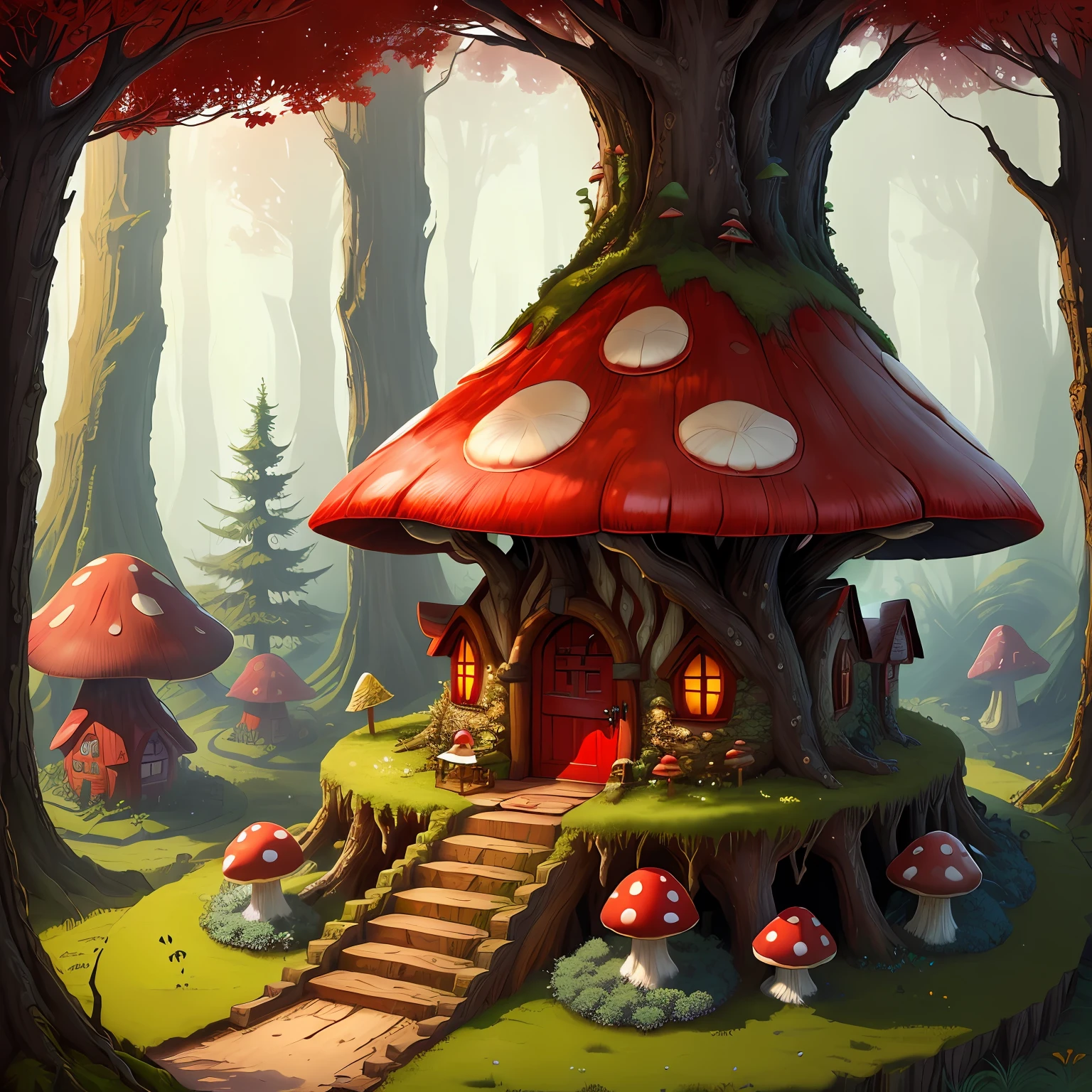 Mushroom house made from large red mushrooms.  Red Dragon in the front.  In a mystical forest.
