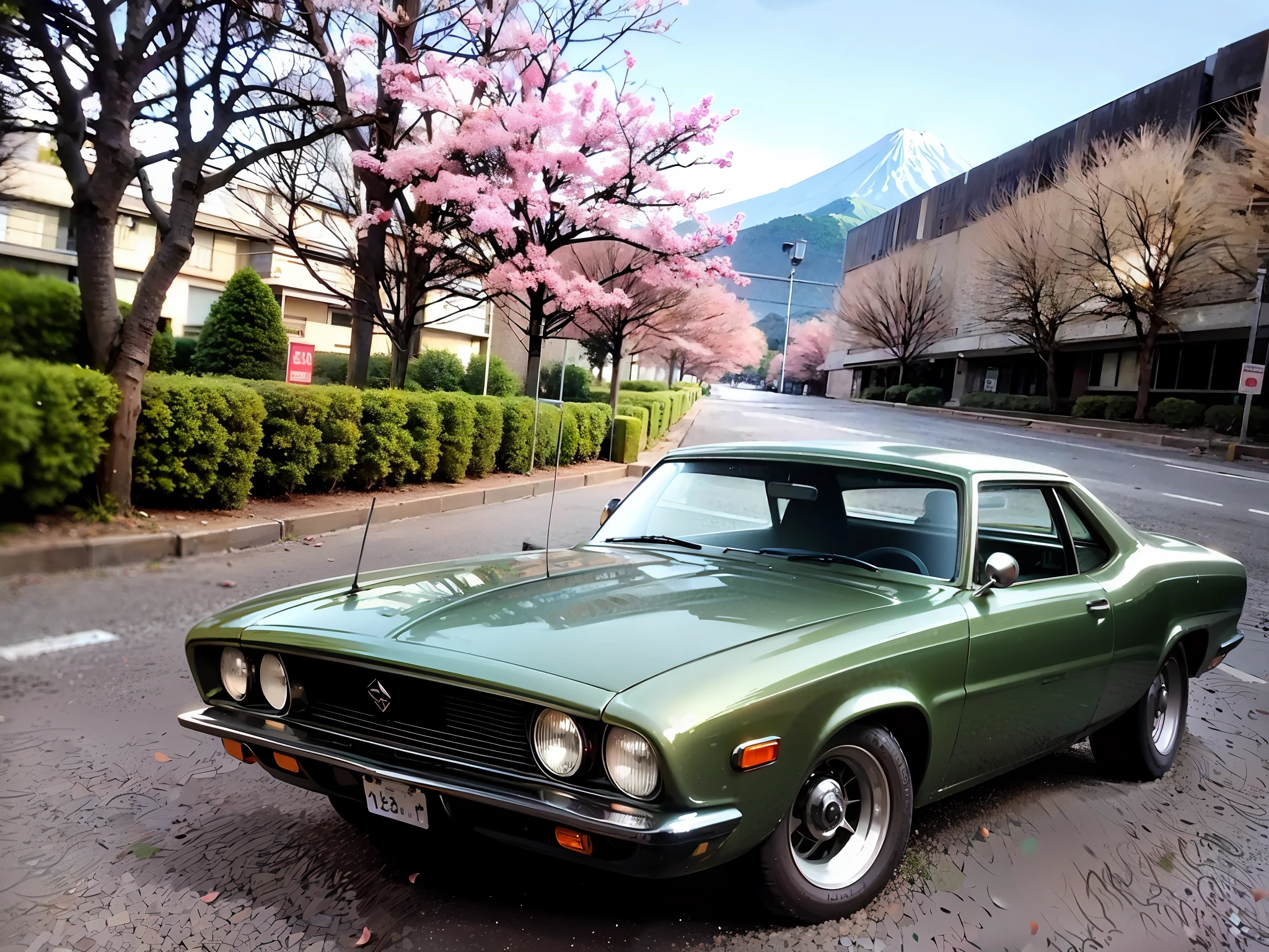 There is a green car parked in a parking lot, 1961", a wide shot, soft color dodge, muscle cars, year 1 9 7 0, 1970', 1 9 6 9, 1969, year 1968, restored, 1970, 1 9 7 0, full panoramic shot, backdrop Mount Fuji in Japan, Sakura Cherry Blossom trees, late afternoon, vibrant lights