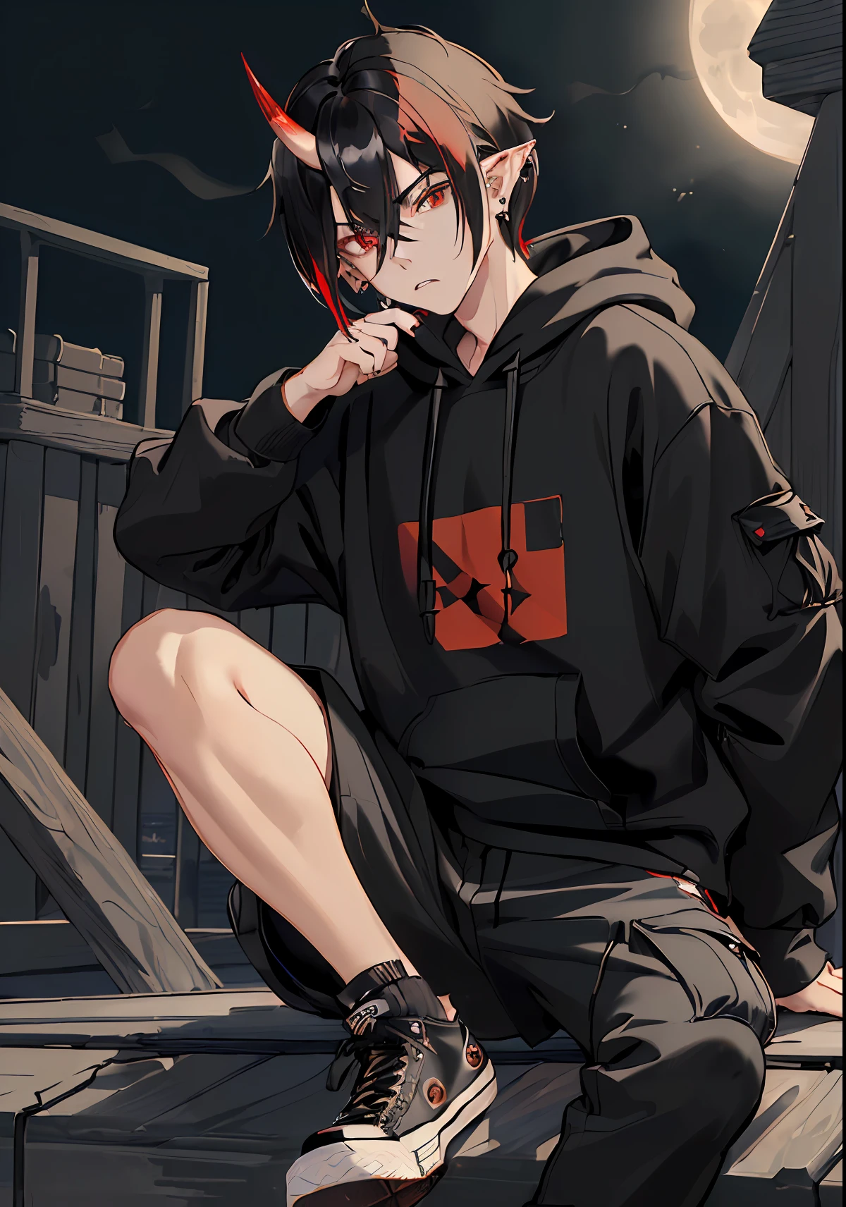 ((highest quality, masterpiece, 4k, finely detailed, gelbooru, pixiv)), finely detailed eyes and detailed face, warm lighting, ((solo)), masculine, 1boy, elf ears, young boy, soft features, emo, ((1 demon horn fading from black to red)), ((red eyes, sharp eyes, eyebags)), skinny, ((black hair, messy straight bob hairstyle, short hair, longer middle strand), (looking at viewer, angry expression), ((black band logo hoodie, baggy cargo pants, black converse sneakers, earrings)), painted nails, night city background,, dark atmosphere, moonlight, dynamic pose, rebellious expression