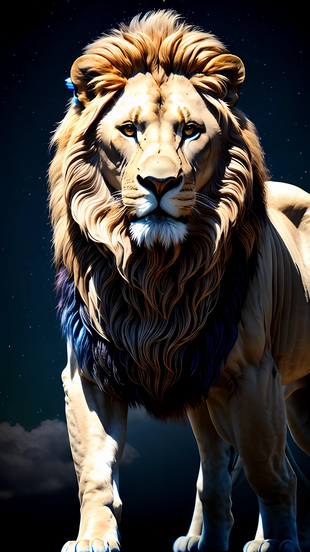 One imposing lion with humanoid body, ancient Greece style, full body, ultra realistic photography, with blue nebula and purple background 8k, textura realista, composição dinâmica, Fujifilm XT2, 85mm F1.2, velocidade do obturador 1/80, (bokeh), alto contraste