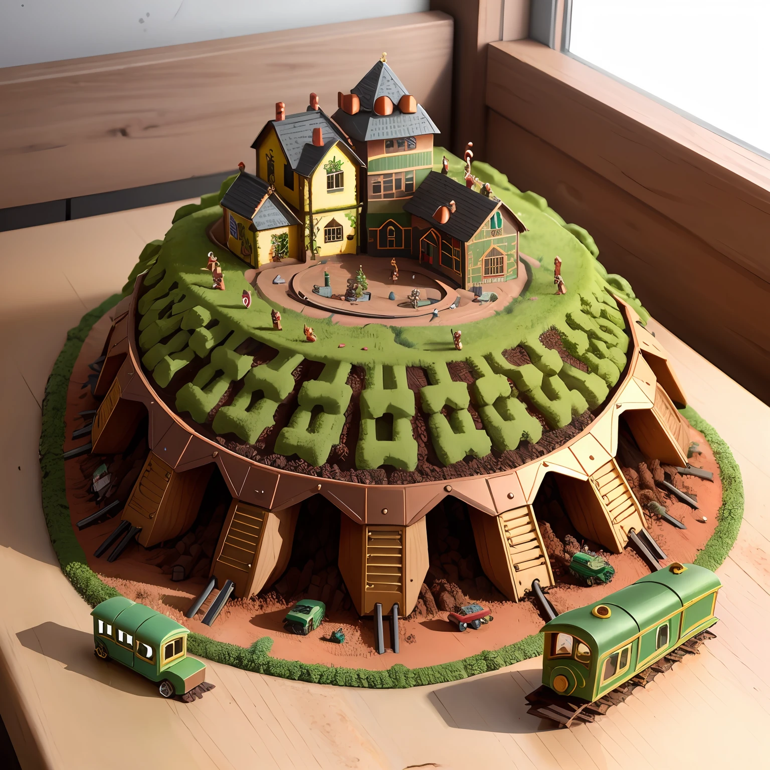 high detailed, anthill made from a broken toy train