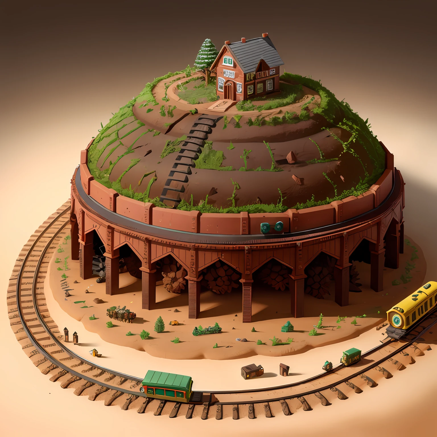 high detailed, anthill made from a broken toy train