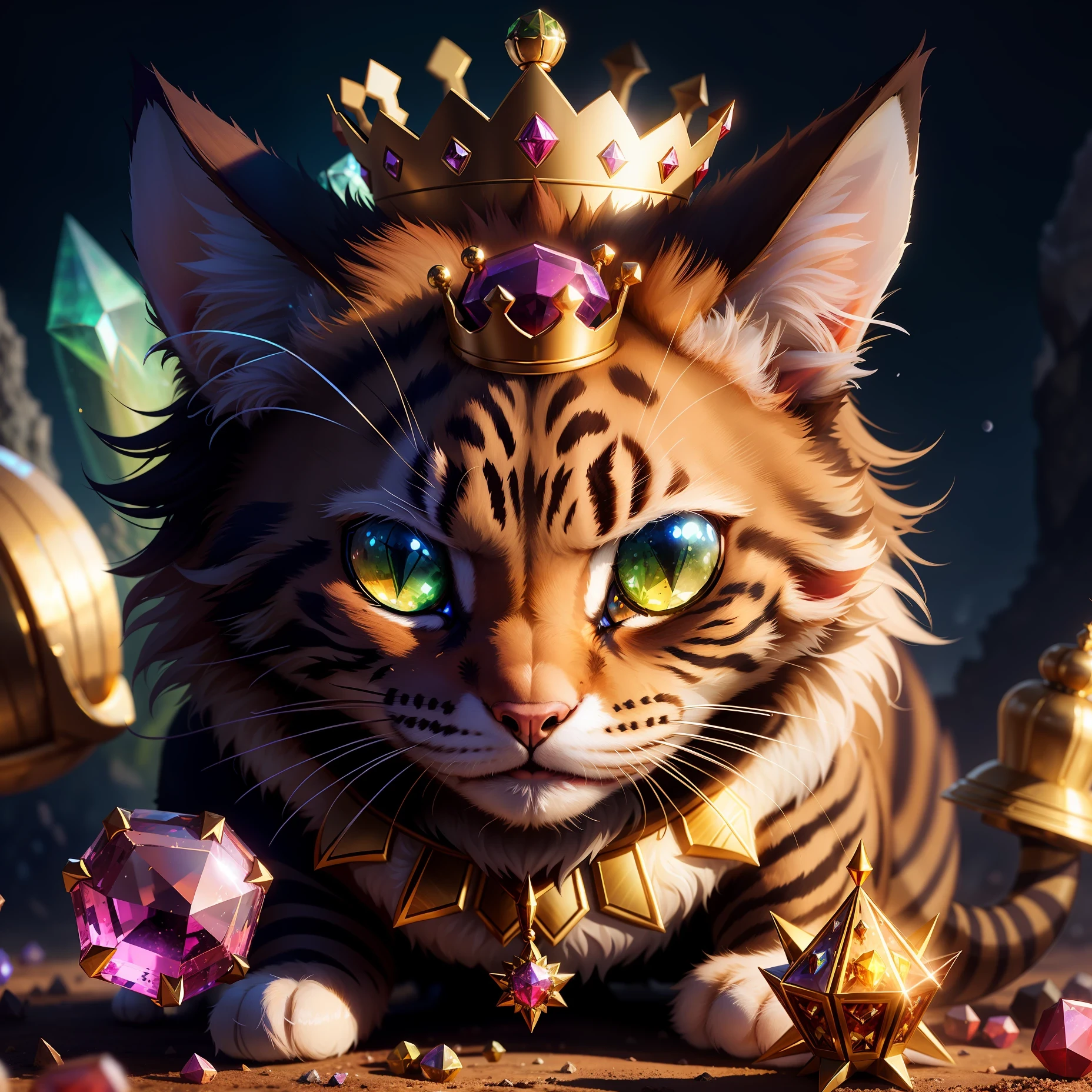 a angry cat, with a crown decorated with some rare gems on the top of an ant hill, and crystals circling around it, with some magical visual effects, fantasy, hd, HDR 4k upscale