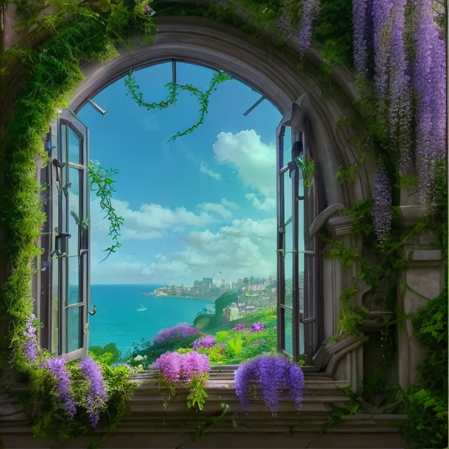 There is a window overlooking the sea IB background open window, magic background, fantasy matte painting, cute, background, whimsical landscape art, climbing plant vegetation, ivy, flowering wisteria with its beautiful bouquets of flowers background artwork, background art, , overgrown, beautiful backgrounds, beautiful detailed photography with Wisteria vines and Bougainvillea